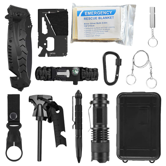Emergency Survival Gear Kit 12-in-1 – Outdoor Adventure Equipment with LED Tactical Flashlight, Fire Starter Glass Breaker Pen – Camping Hiking Hunting Accessories – Survival Gifts for Men Dad Husband