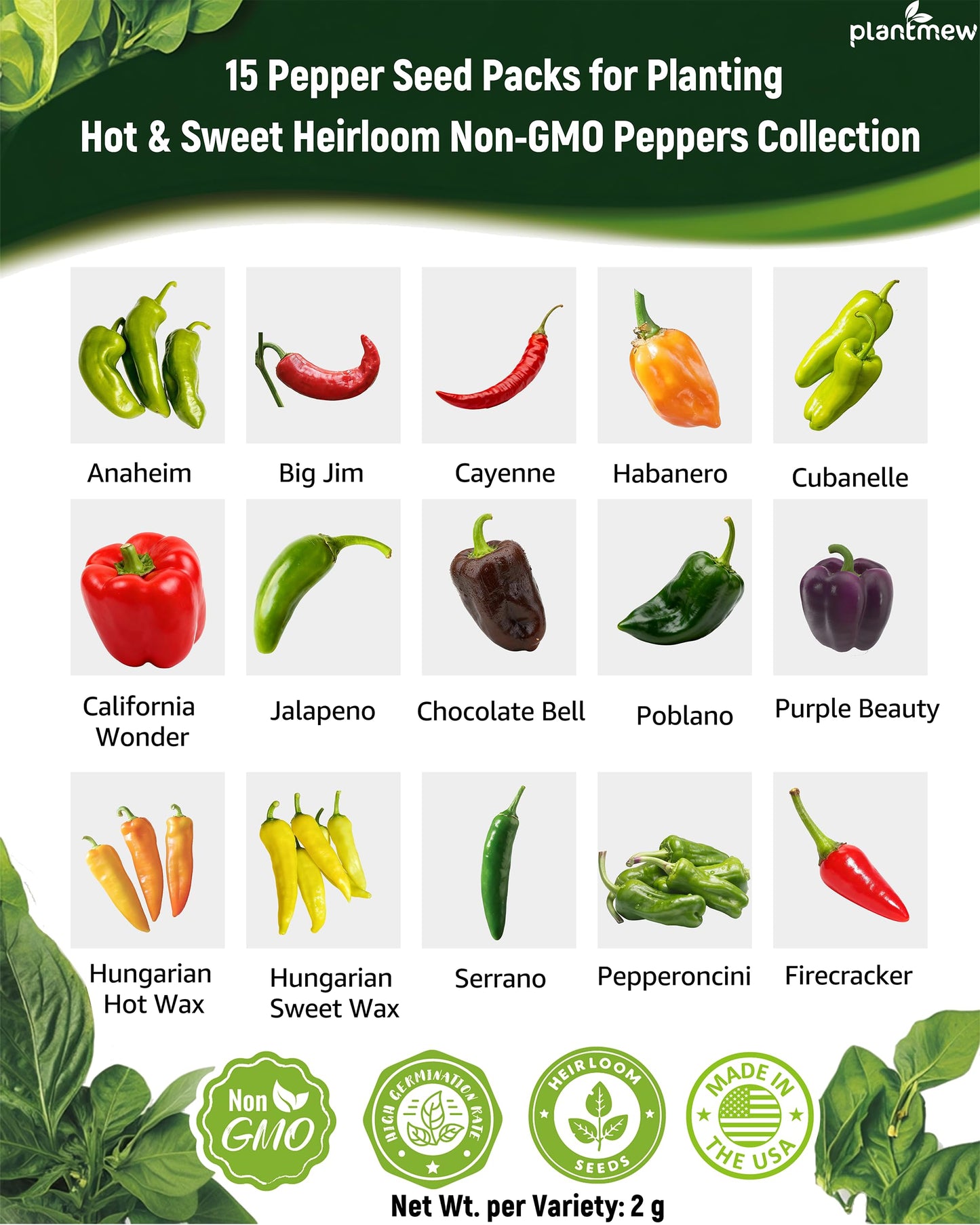 3000+ Pepper Seeds Collection - 15 Varieties Non-GMO Hot & Sweet Seeds for Planting: Cayenne, Cubanelle, Habanero, Poblano, Serrano, Big Jim & Bell for Garden