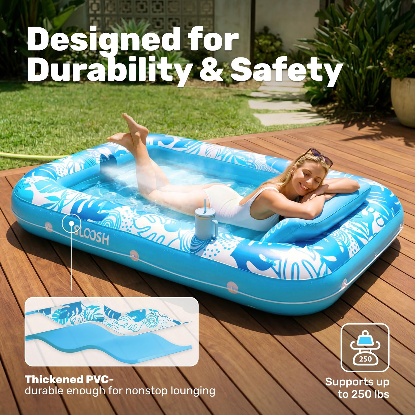 SLOOSH Misting System Inflatable Tanning Pool Lounger Float, 6 in 1 Large Mist Cooling Tanning Bed Floaties with Pillow & Cup Holders, 70" x 46" Blow Up Suntan Lounge Raft Beach Backyard Adults Gifts