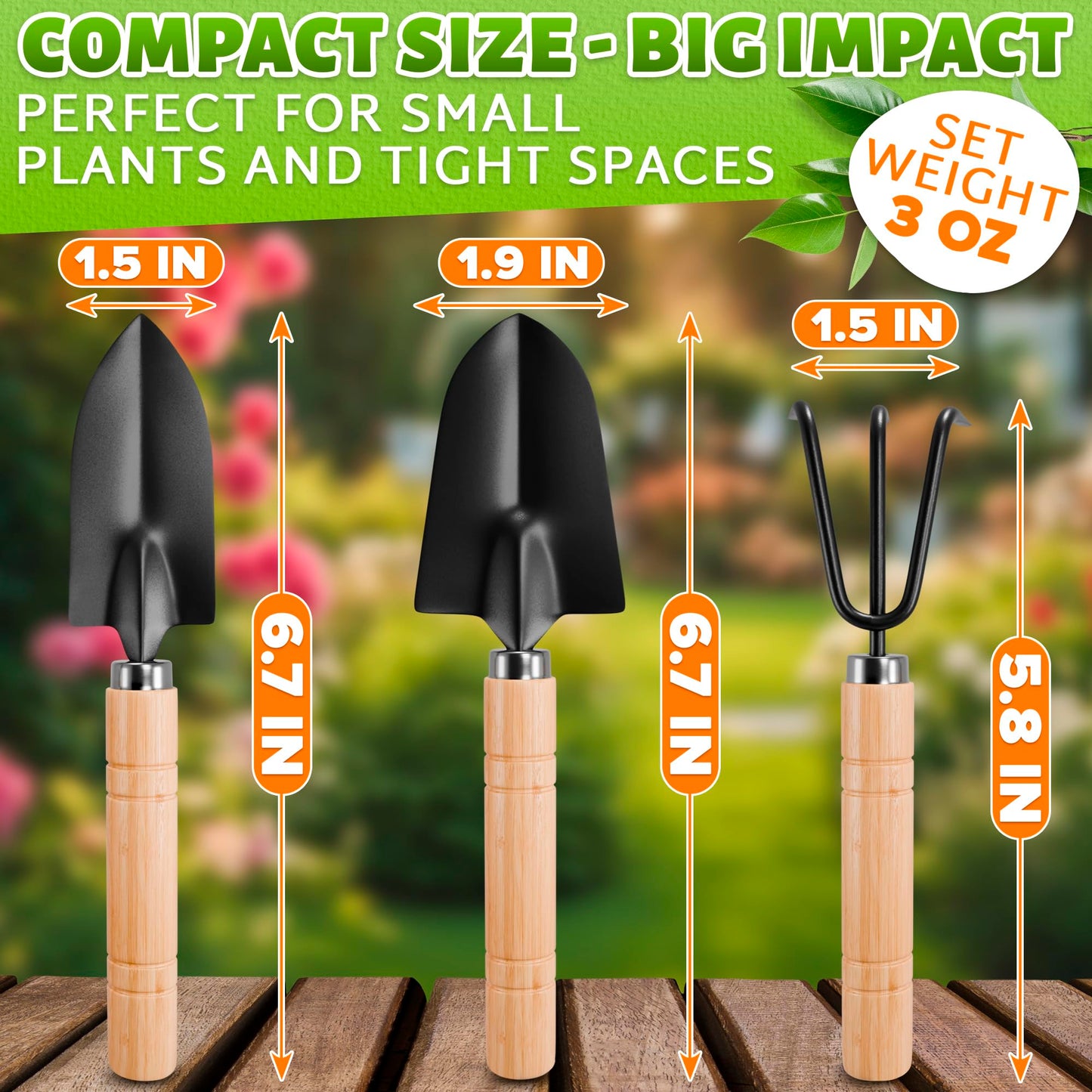 Small Garden Tools - 3 Pcs Mini Garden Tools Set with Small Trowel, Mini Shovel & Hand Rake Made of Rust-Resistant Iron & Solid Wood - Indoor Gardening Tools Set for Succulent, Bonsai & Pot Plants