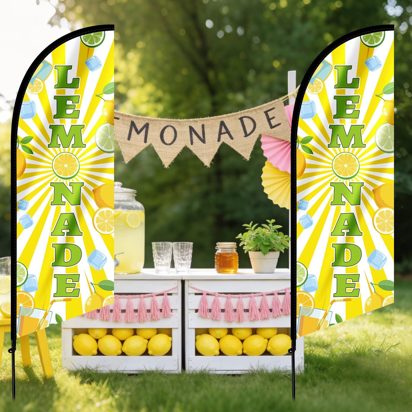 Nlicrst 2 Set Lemonade Feather Flag Kit - Includes Vibrant Lemon Banners, Sturdy Flag Poles & Carrying Bag, Eye-Catching Lemonade Stand Decor for Outdoor Advertising, Yard Sales, Parties & Events