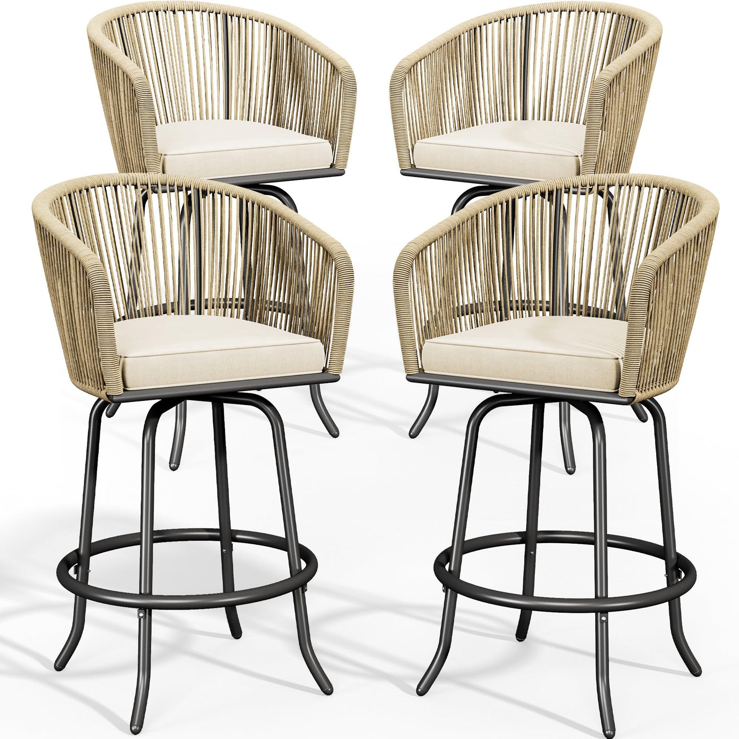 YITAHOME Counter Height Bar Stools Set of 4, Outdoor Bar Stools with Soft Cushions, Patio Rattan Swivel Bar Chairs for Backyard Poolside, Garden w /360 Rotation (Beige)