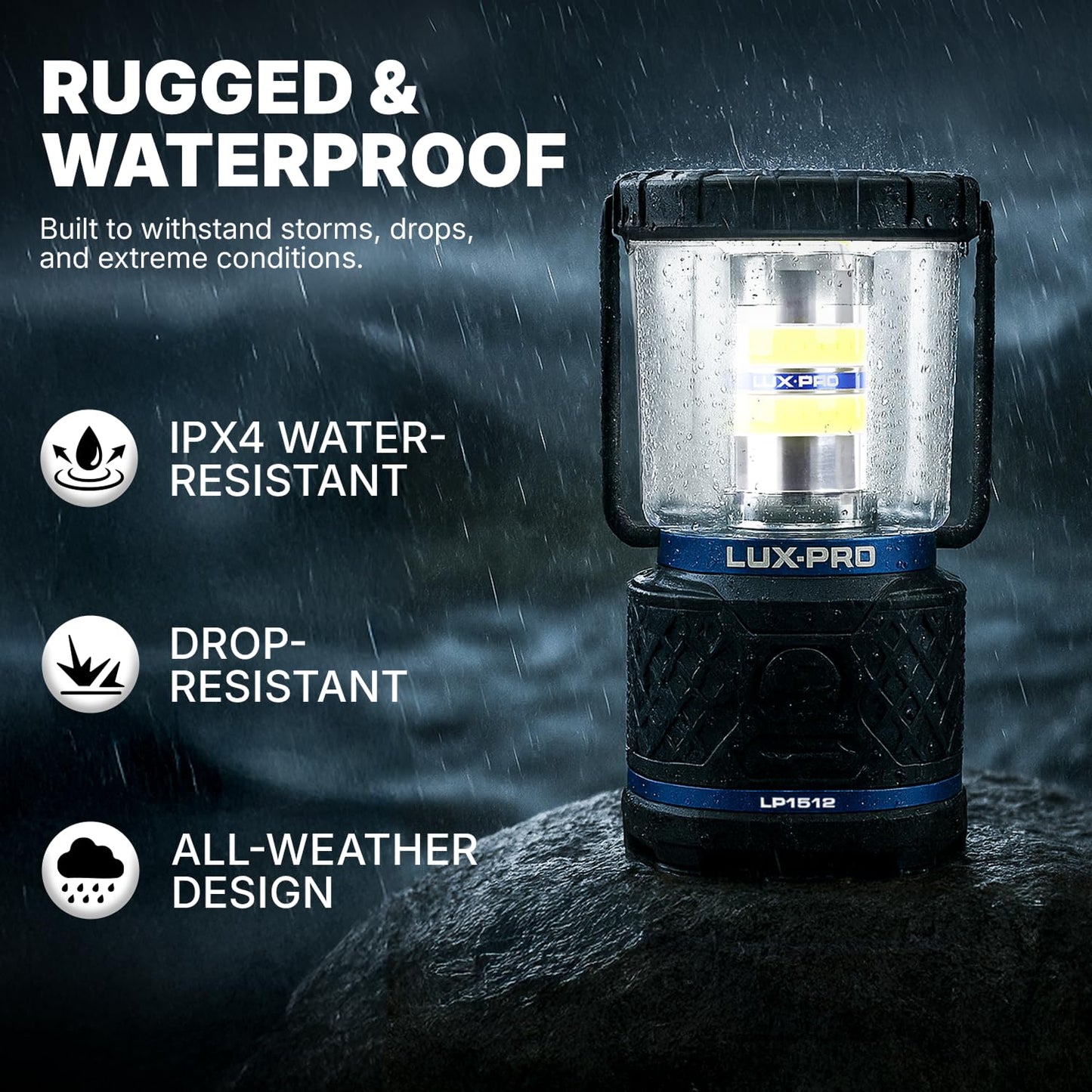 LUXPRO Rechargeable Dual-Power 1100 Lumen LED Lantern for Up to 150 Hours of Use - Camping Lantern with Built-in Power Bank - Dimmable LED Light with IPX4 Water-Resistant Rating (Camping Lantern)