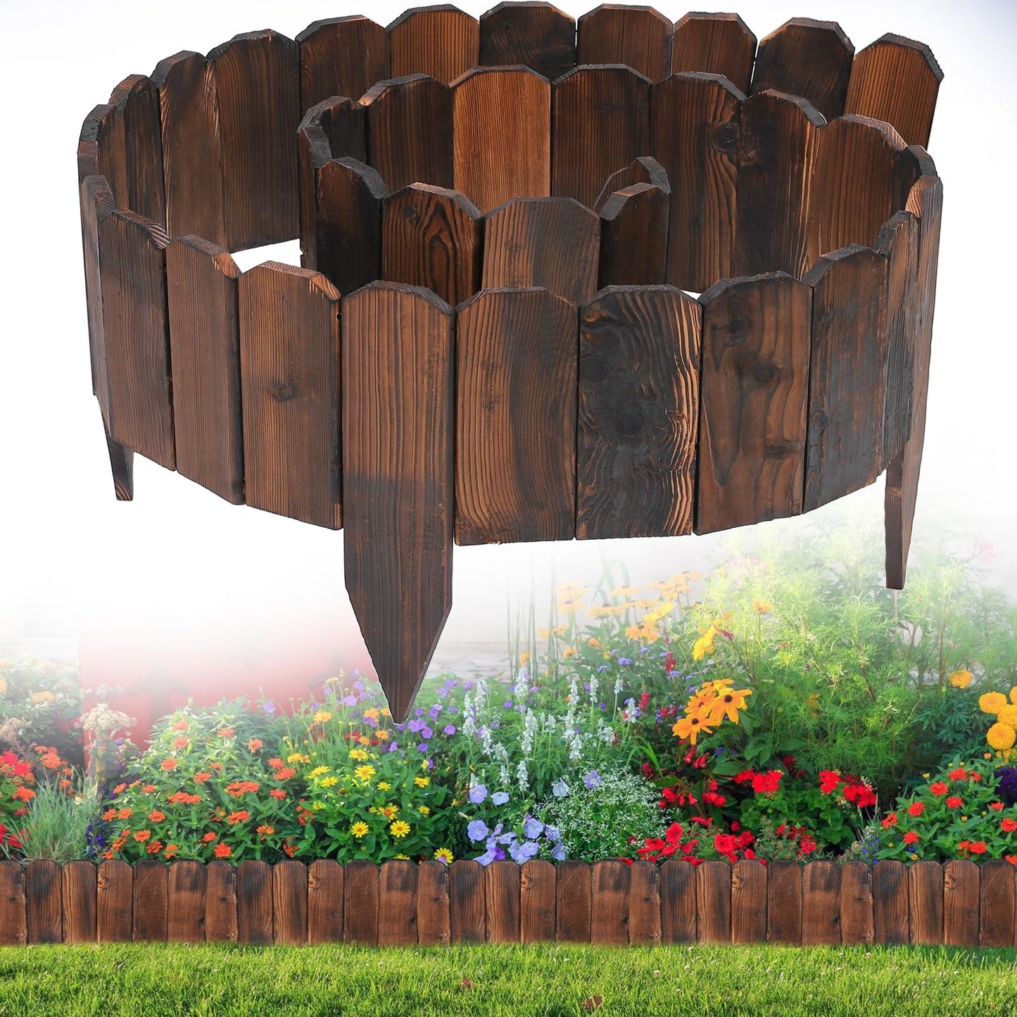 Rustic Pine Wood Landscape Edging - 11.8ft L x 8in H Garden Fence Border, Easy to Install Sturdy Wooden Planter Fencing for Yard Flower Bed Lawns Pathway Tree