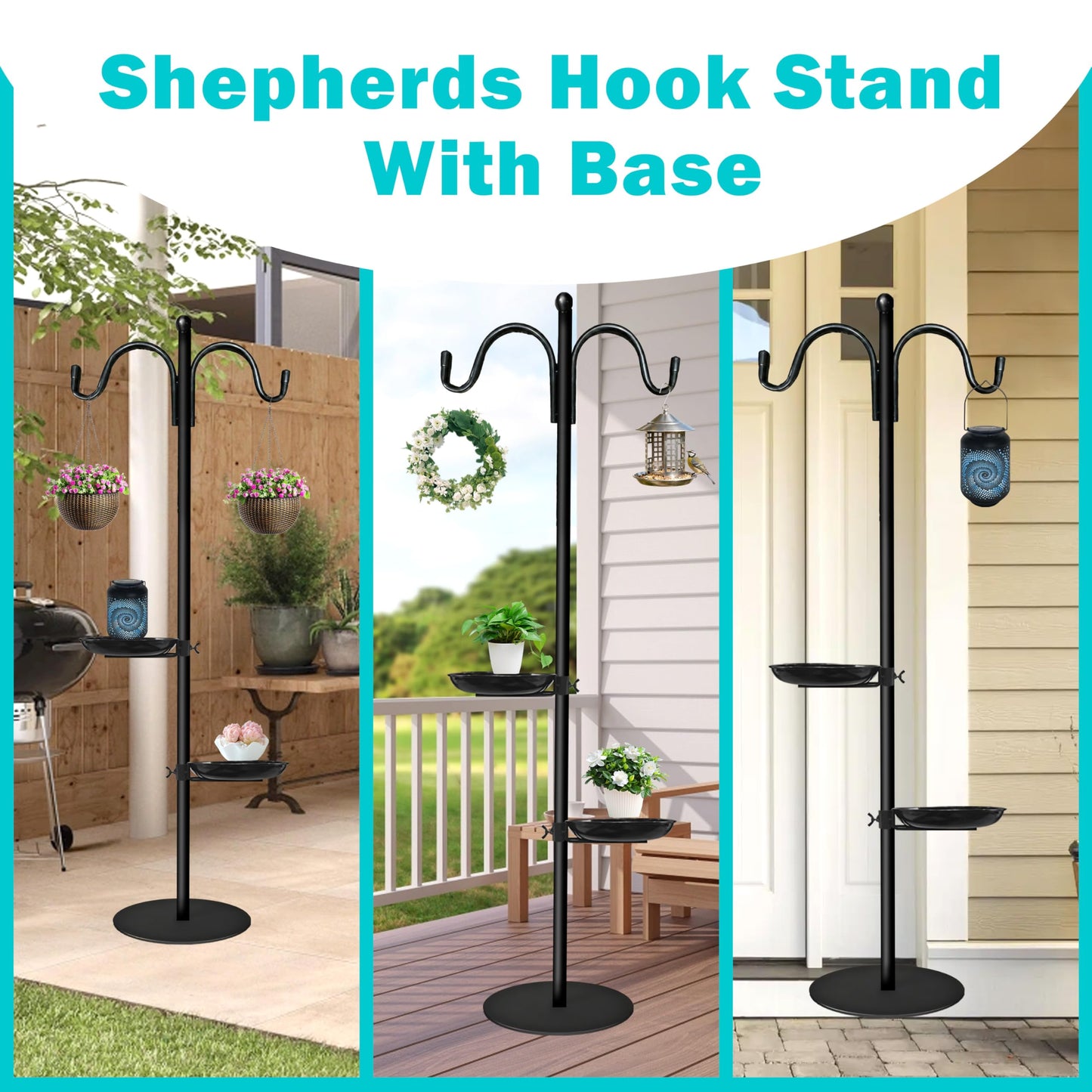 76" Thicken Shepherds Hooks for Outdoor - Dual Shepherd Hooks for Hummingbirds Feeder with 2 Stands, Bird Feeder Pole with a Flat Base for Deck, Plant Stand Indoor, Wreath and Wind Chimes Hanger