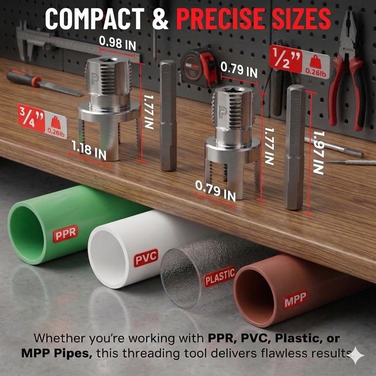 Premium 2 Packs PVC Pipe Threader 1/2 and 3/4 For Integrated Internal & External Threading Tool Break-resistant Rust-resistant Cutter Machuelos Tubo Set npt Dual-function Kit Opener