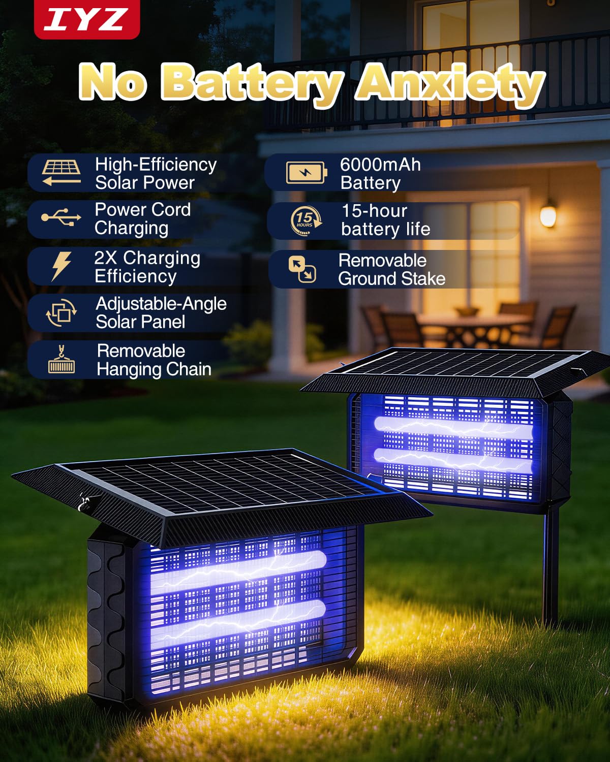 IYZ Solar Bug Zapper Outdoor, 6000mAh Rechargeable Mosquito Killer with 15" Large Grid,Waterproof, Portable Fly Trap for Patio, Yard, Garden, Home & Camping (Black)