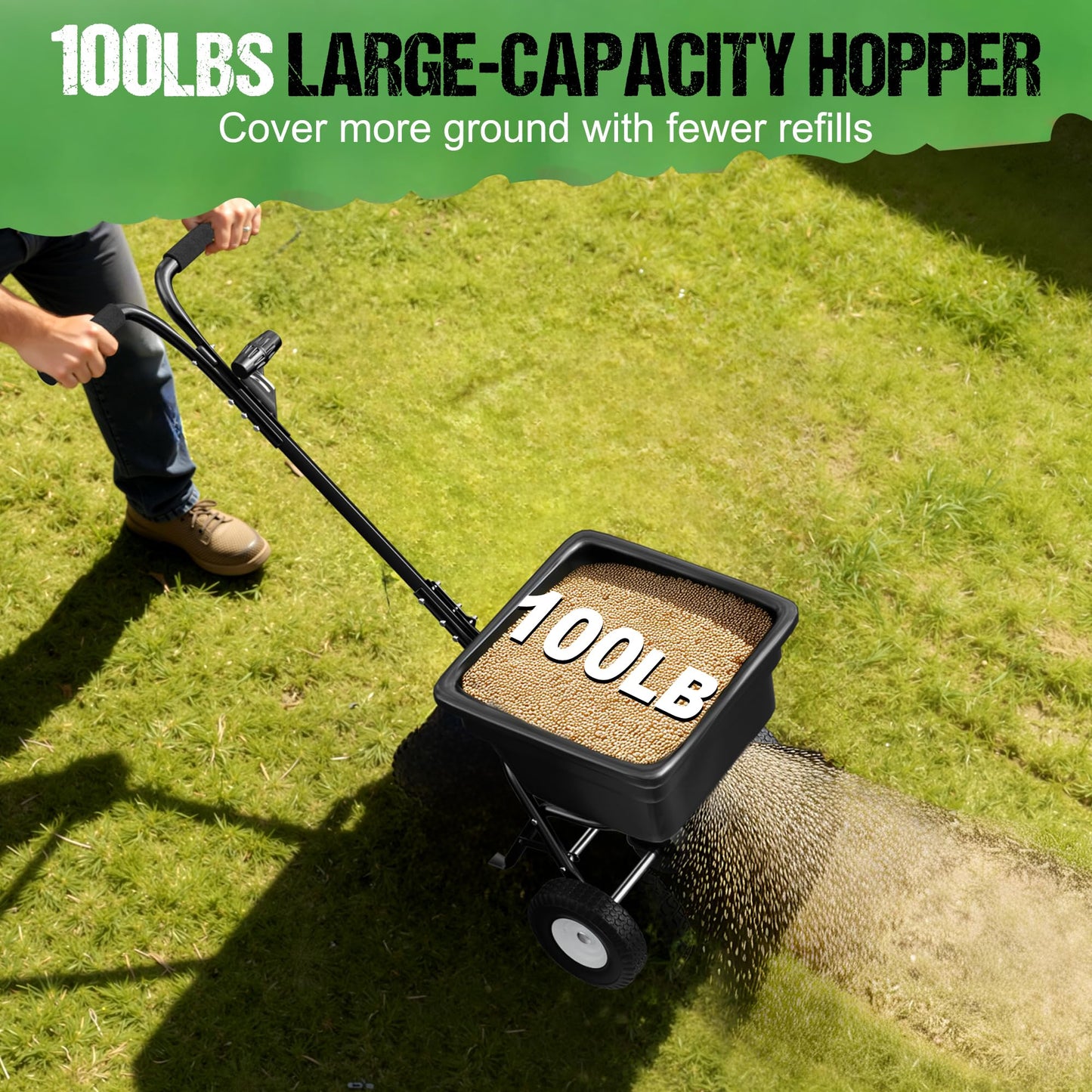 PPOLB Fertilizer Spreader 100LB Capacity, Walk-Behind Push Broadcast Spreader with Hopper Screen & Rain Cover, 0–10FT Spreading Width, Seed & Salt Spreader, 12" Pneumatic Wheels, 30-Level Flow Control