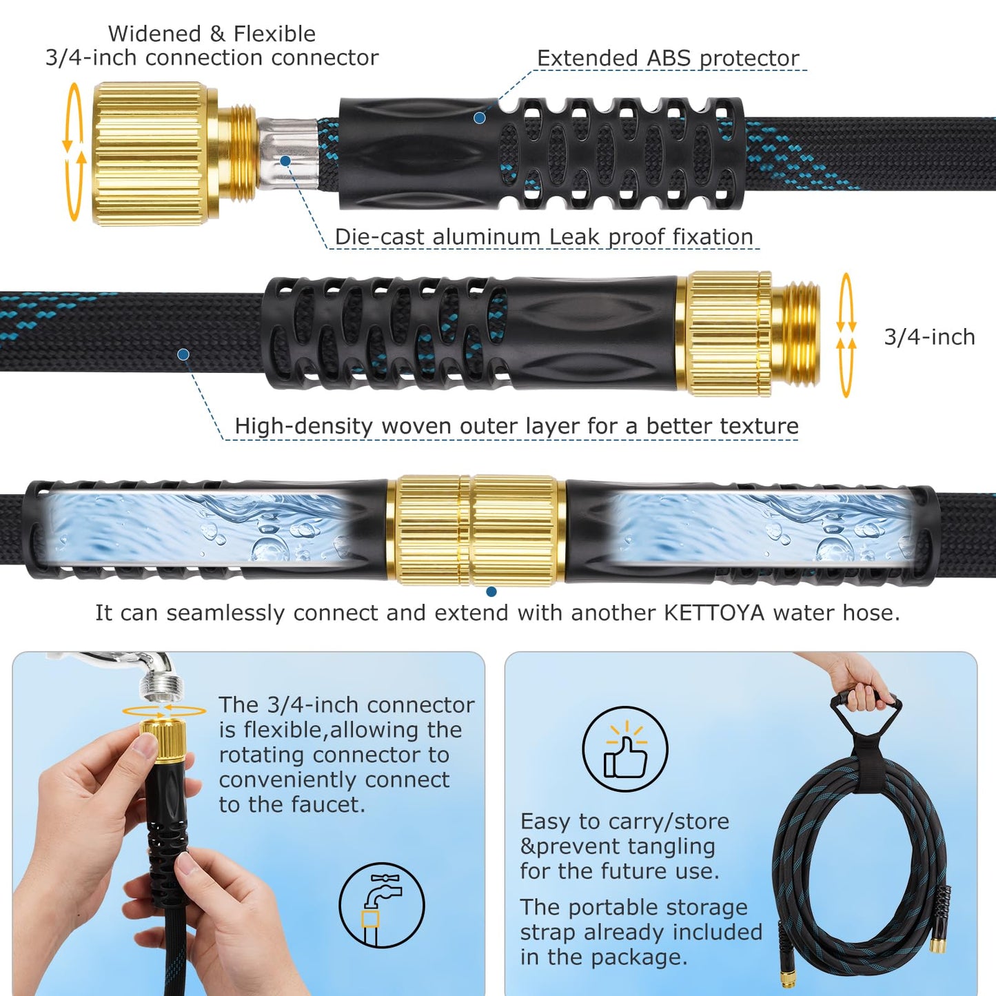 KETTOYA Non-Expanding Garden Hose 100 ft, Kink Free Flexible Water Hose with 10-Pattern Spray Nozzle, Lightweight Hose Pipe, Leak Proof, 3/4" Swivel Connectors, Super Fabric, Portable Storage Strap