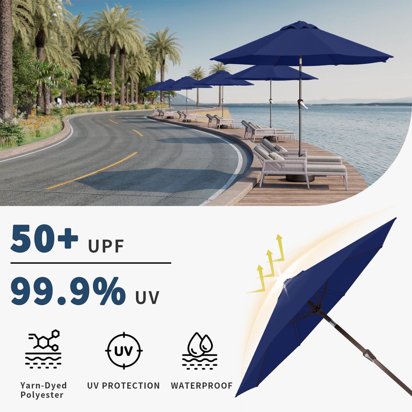 Patio Kingdom 9FT Patio Umbrella with Fiberglass Ribs, Outdoor Market Table Umbrella with Crank and Tilt, UV Resistant Waterproof Canopy for Patio, Garden, Deck, Pool, Navy Blue
