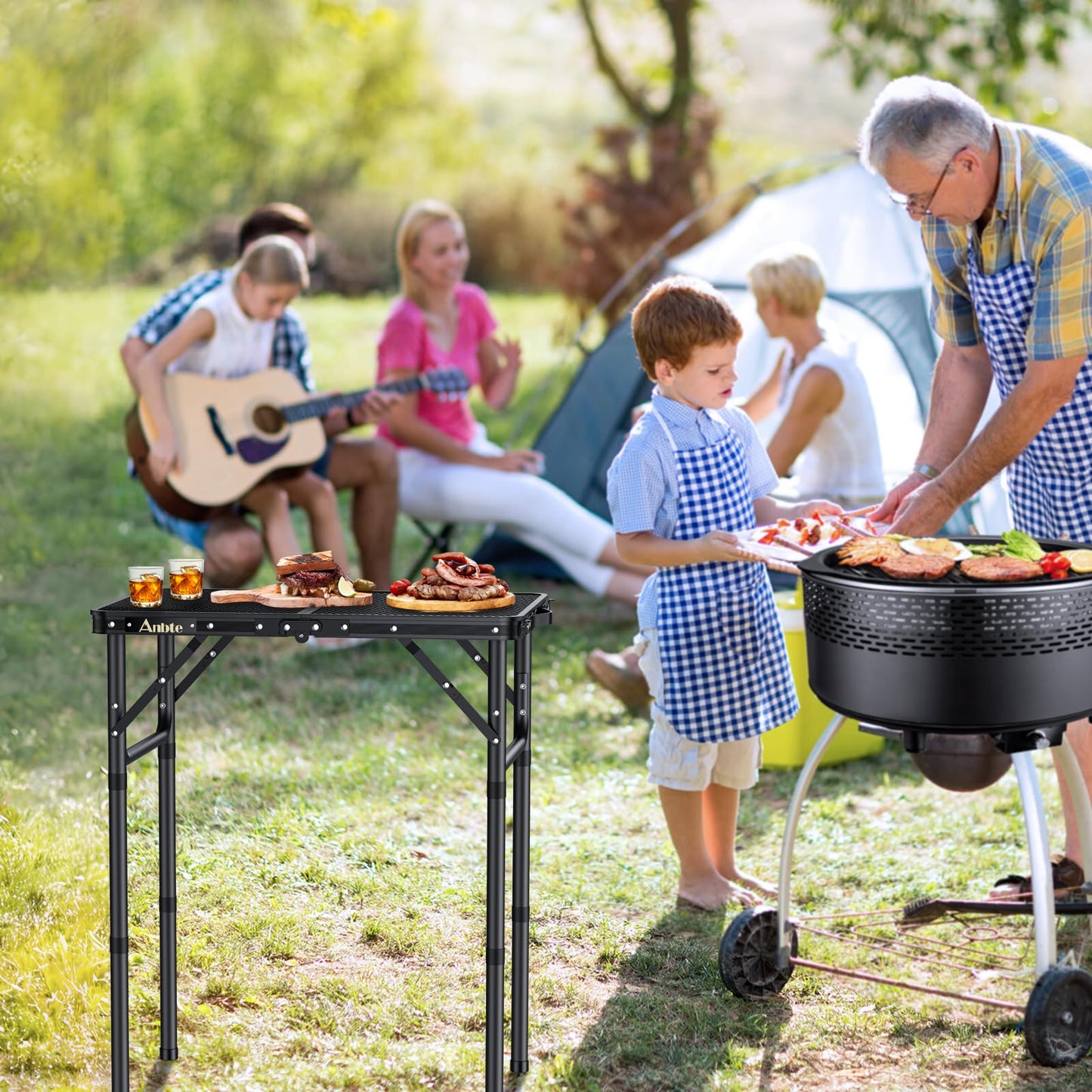 Anbte Folding Grill Table, Aluminum Camping Table Adjustable Height Max 27.5" Picnic Table Outdoor Table, Lightweight, Portable Handle for Travel Cooking BBQ Picnic, 22.8" x 16", Black