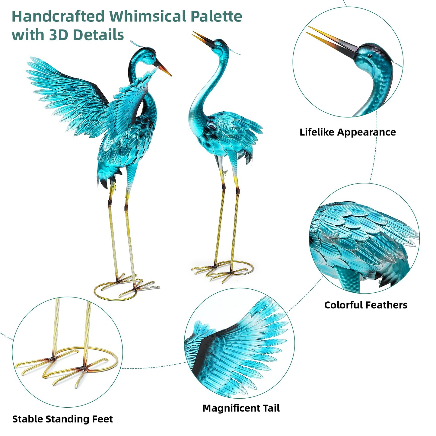 Autodaya 36.75" Metal Crane Garden Statue, Handcrafted Oversized Blue Heron Decor Sculptures with Stable U-Ground Stakes, Backyard Decoration, Metal Garden Bird Animal Yard Art, Lawn Ornament Decor