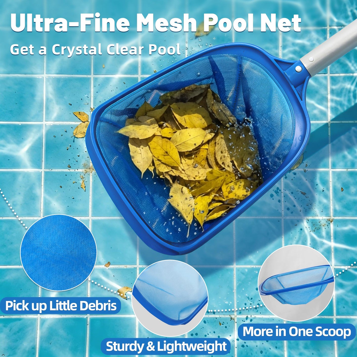KingSom Swimming Pool Cleaning Kit Includes Professional Leaf Skimmer Net,Half-Depth Fine Mesh Net,17" Pool Brush Head,55" Adjustable Aluminum Pole,Pool Cleaning Equipment for Above Ground Pools