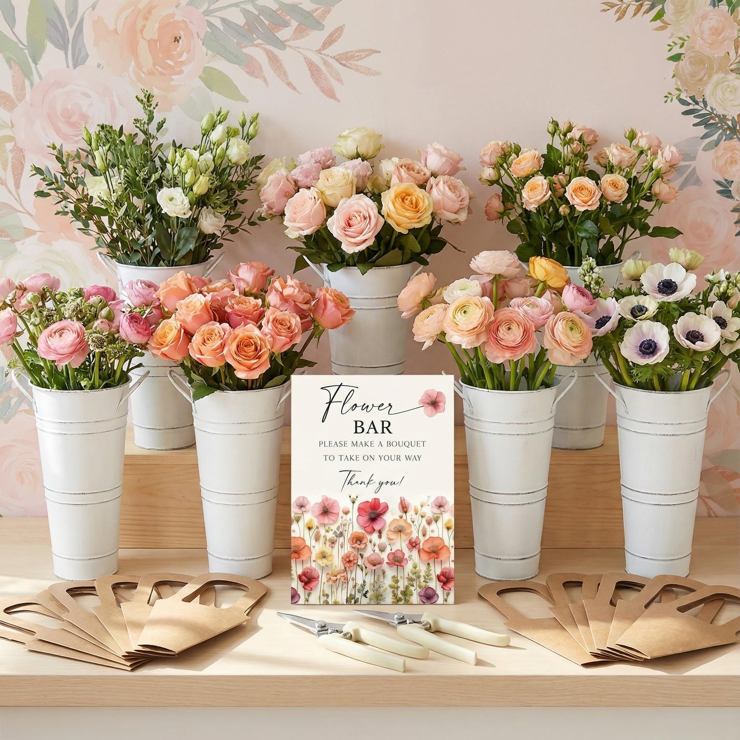 LEIFIDE Flower Bar Buckets Set Kit Bloom Bar Supplies Include Wood Sign Gift Bags Iron Bucket Garden Flower Shears for Wedding Bridal Shower Graduation Birthday Table Centerpieces(39 Pcs,White)