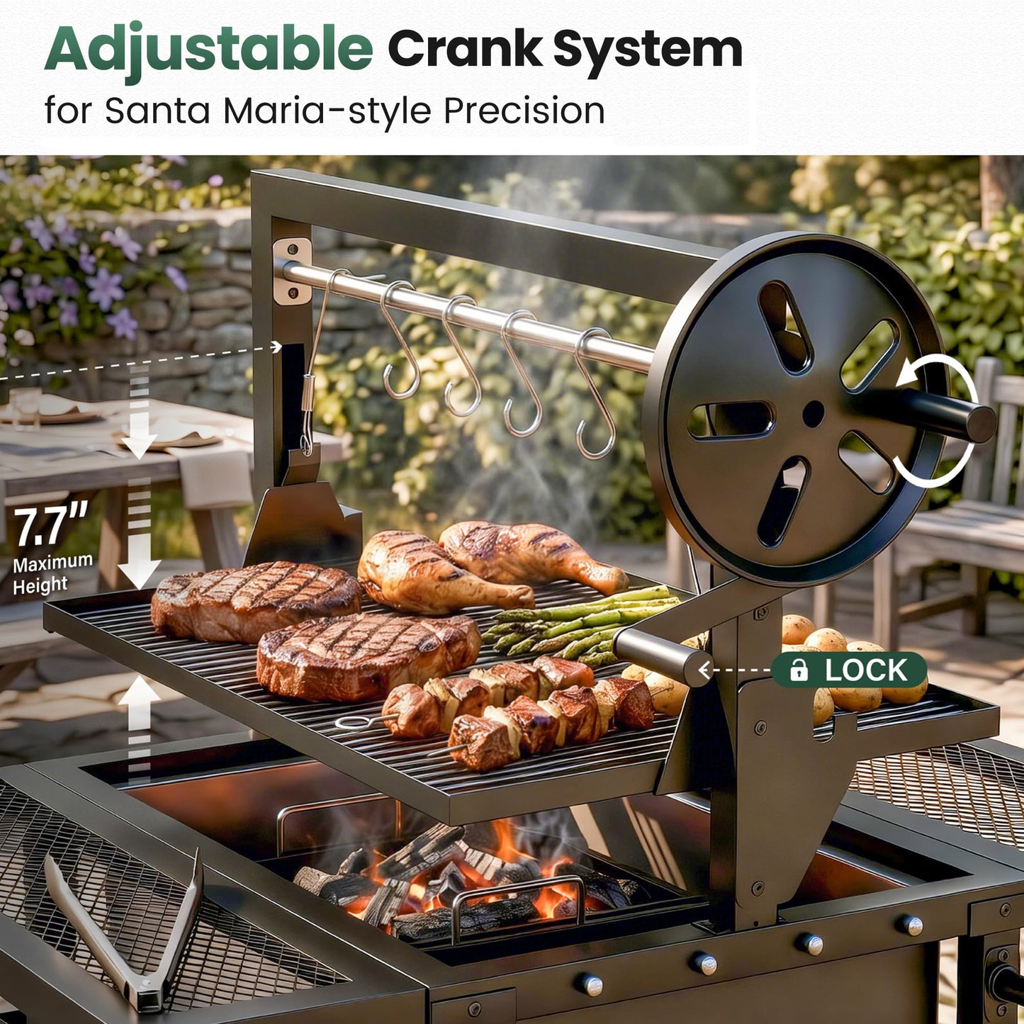 Argentine Santa Maria Grill, Wood Fire & Charcoal BBQ Grill with Adjustable Height Grates, Argentinian Open Fire Grill with S-Hooks and Foldable Front Table for Outdoor Patio Backyard Gaucho Grilling