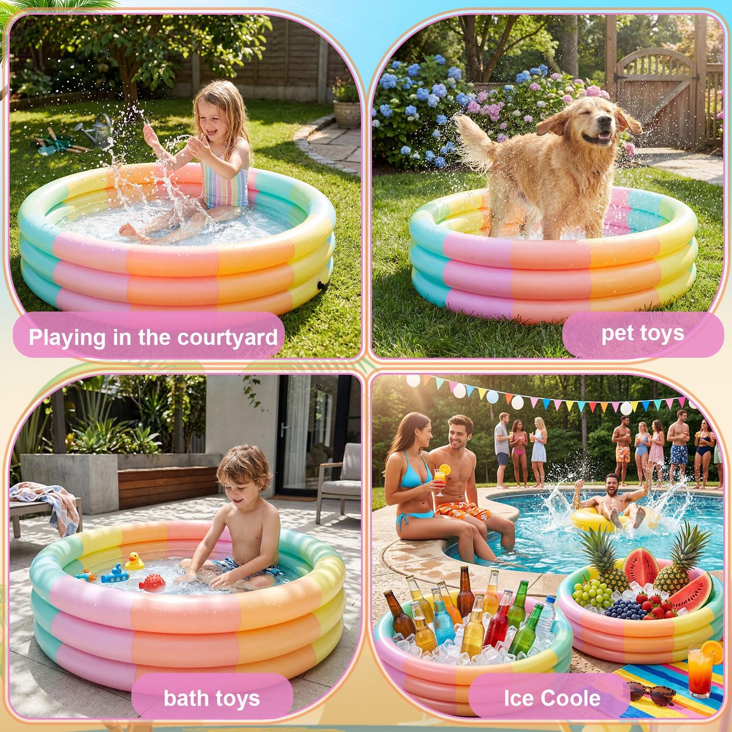 VioraWhite 4 Pack Inflatable Kiddie Pool for Toddlers 34"x10" Pastel Blow up Kids Swimming Pool Small 3 Rings Round Baby Pools for Indoor Outdoor Water Game Play Center