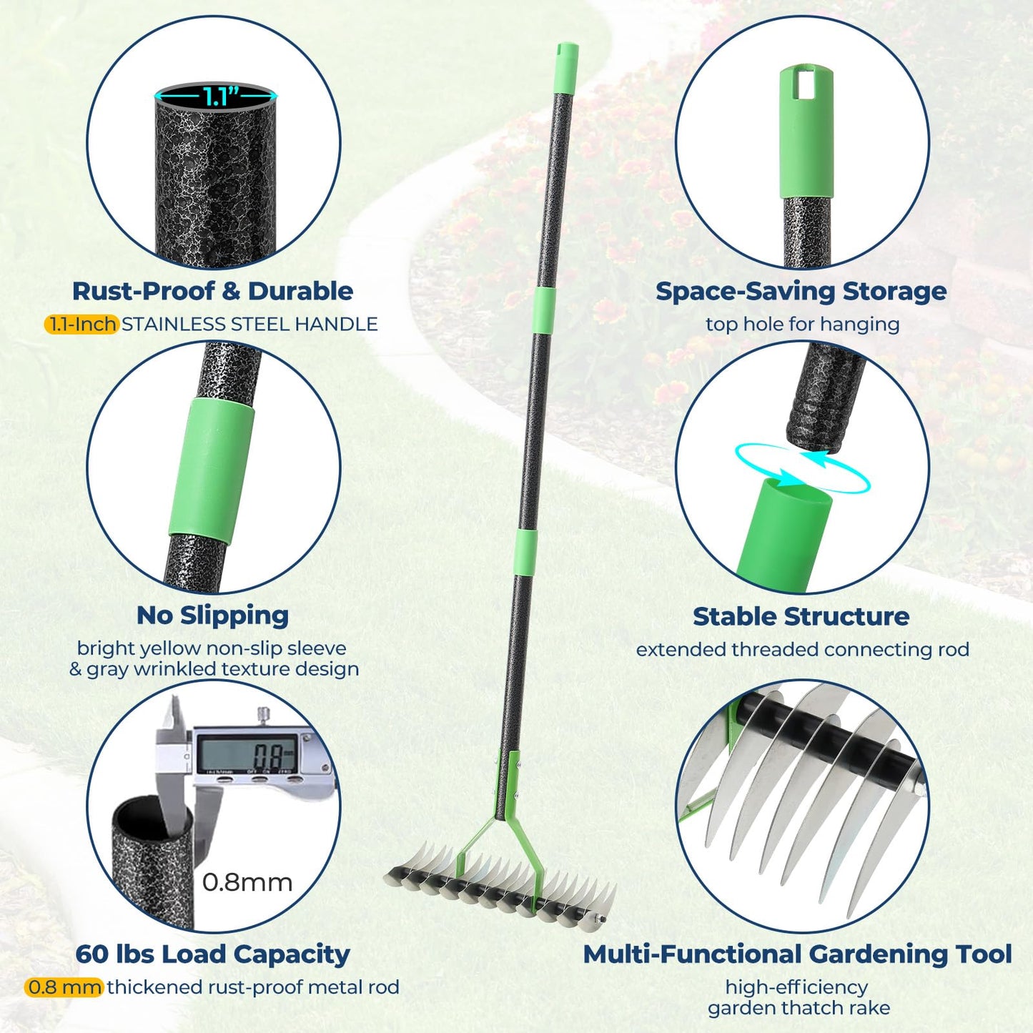 Garden Rake 51" – Dual-Sided Shrub Rake with 13" Sharp Metal Tines, Lightweight Multi-Purpose Yard Tool, Reversible Head for Lawn, Soil, Shrub, Mulch & Leaf Cleanup