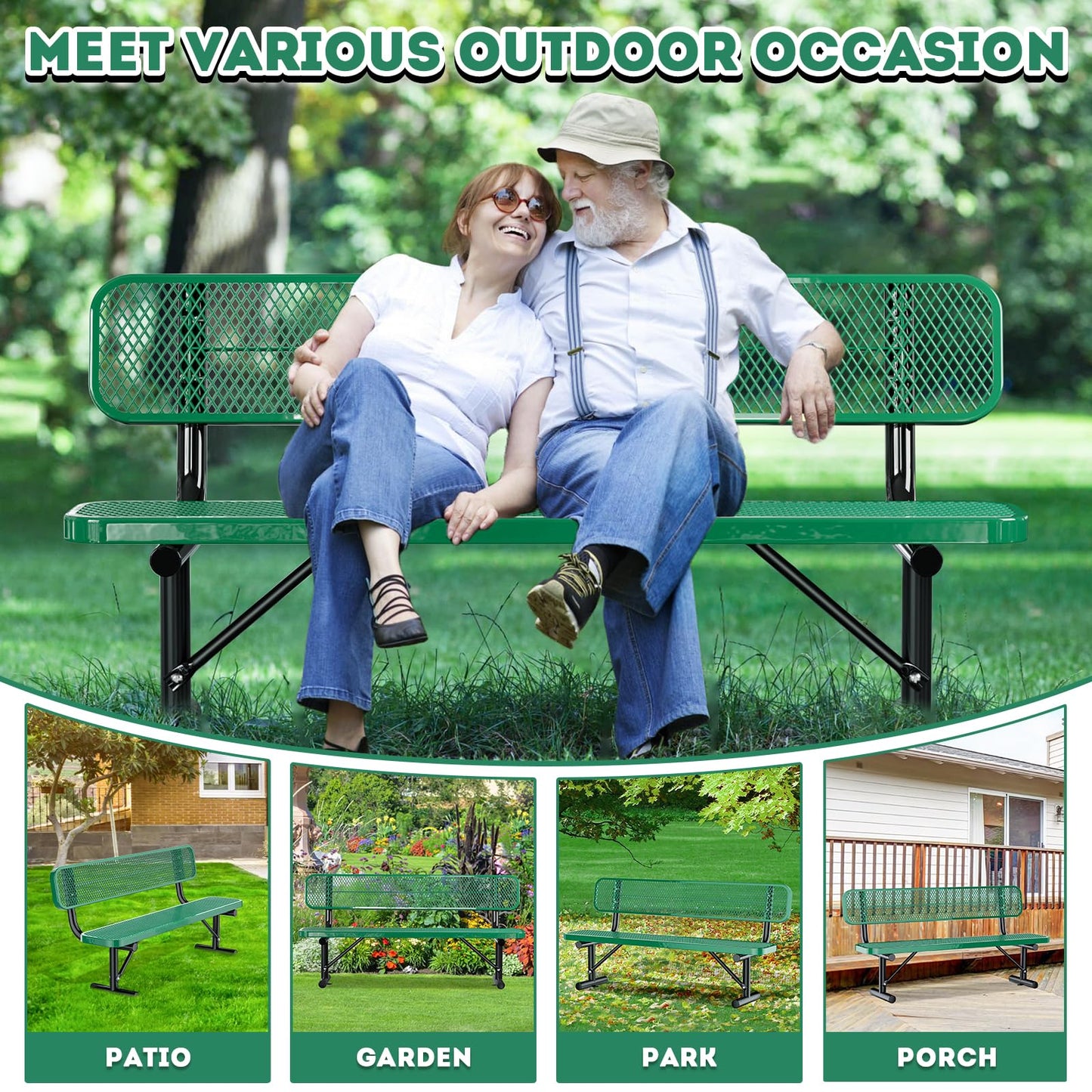 Gaonala 6Ft Heavy Duty Park Bench with Back Portable Frame, Outdoor Steel Bench with Backrest, Expanded Metal Mesh Bench for Lawn, Park, Deck, Garden, Patio, Porch, Green