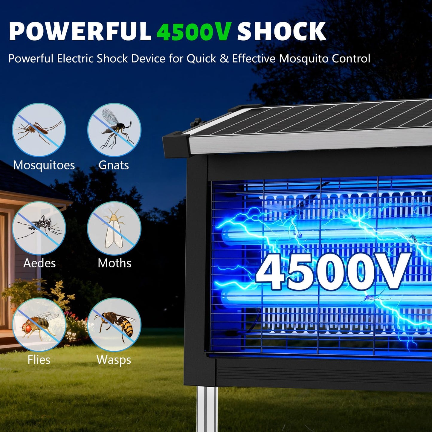 Solar Bug Zapper Outdoor Waterproof, 4500V Rechargeable Mosquito Zapper with Solar Panel Sensor, Auto ON/Off, 10ft Extension Cord & Solar Powered Bug Zapper, Cordless Insect Zap for Patio Yard Garden