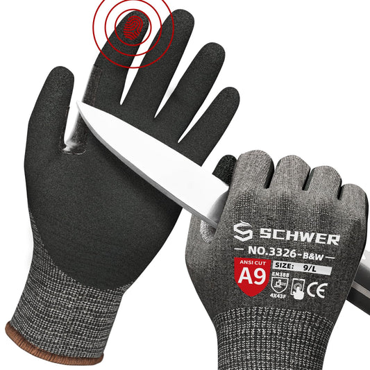 Schwer ProGuard High Level Cut Resistant Work Gloves PR3326 for Extreme Protection，ANSI A9 Cut Gloves with Reinforced Thumb, Non Slip, Breathable, Durable, Touch-screen, Black 1 Pair（L）