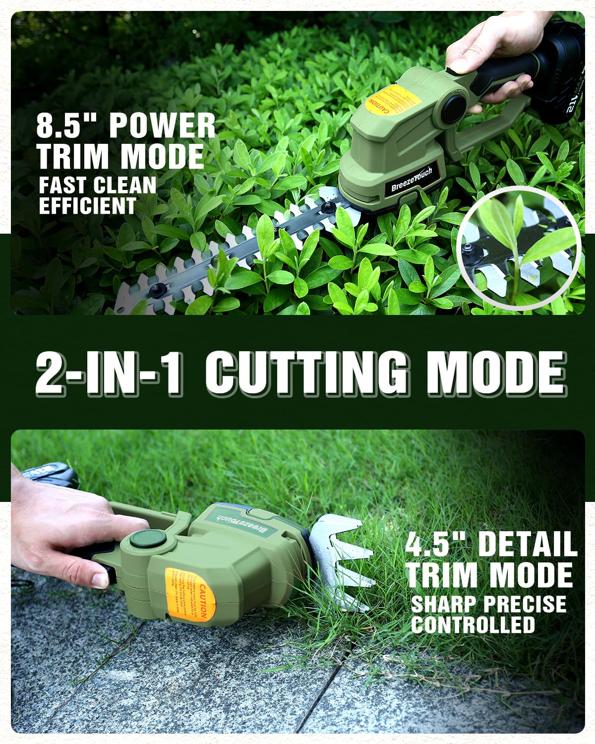 Breeze Touch 21V Hedge Trimmer Cordless with Battery and Charger, 2-in-1 Bush Trimmer Cordless & Grass Shear, Handheld Electric Hedge Trimmers with 4.5"/8.5" Blades for Garden & Lawn