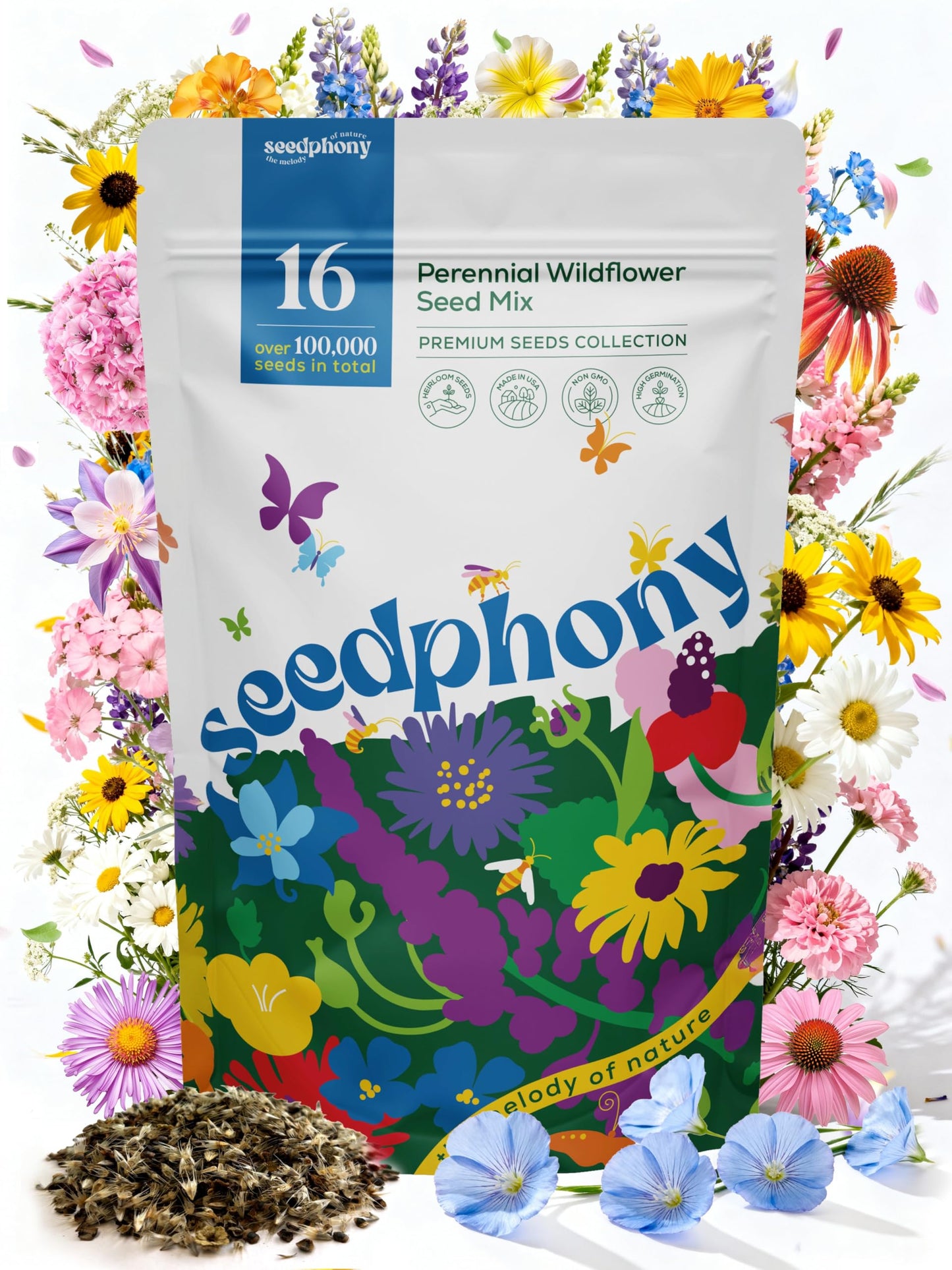 Seedphony 16 Perennial Wildflower Mix 4 oz - 100,000 Non-GMO Heirloom Wildflower Seeds for Planting Garden, Wild Flowers in Waterproof Seed Packet, Floral Seeds for Planting Indoor & Outdoor Gardening