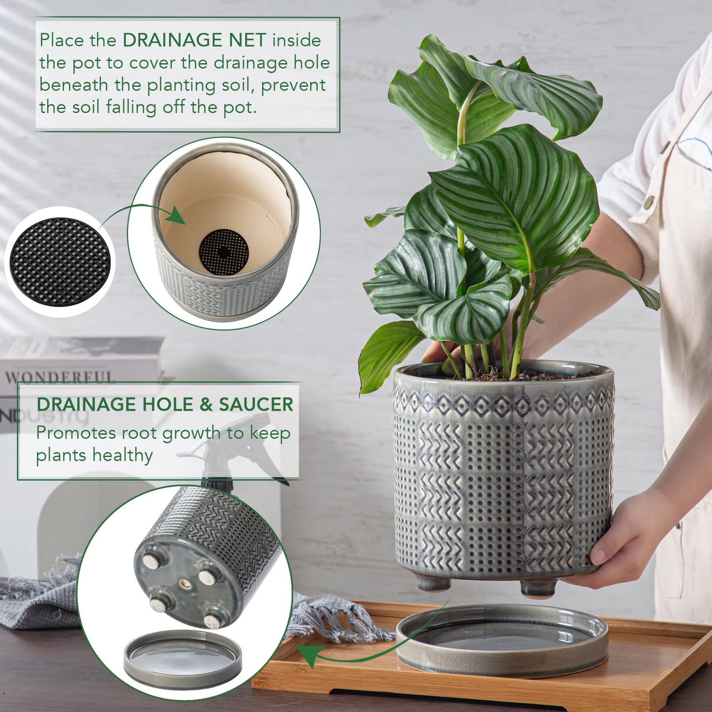 POITONRU Indoor-Outdoor Ceramic Plant Pots: 8 Inch Flower Pots with Drainage Hole & Saucer - Decorative Ceramic Pots for Plants Herbs Succulents - Home Garden Patio Lawn Use