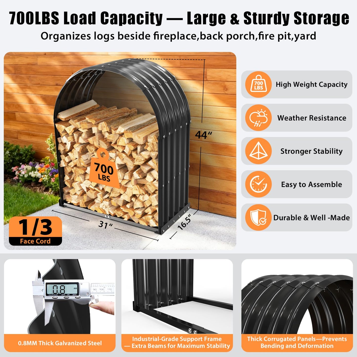 XGMDD Heavy Duty Firewood Rack with Top Cover, Outdoor Indoor Use, 700 LBS Capacity, Waterproof Galvanized Steel Fire Log Holder for Fireplace,Patio, Stylish Metal Fire Wood Storage Organizer Racks