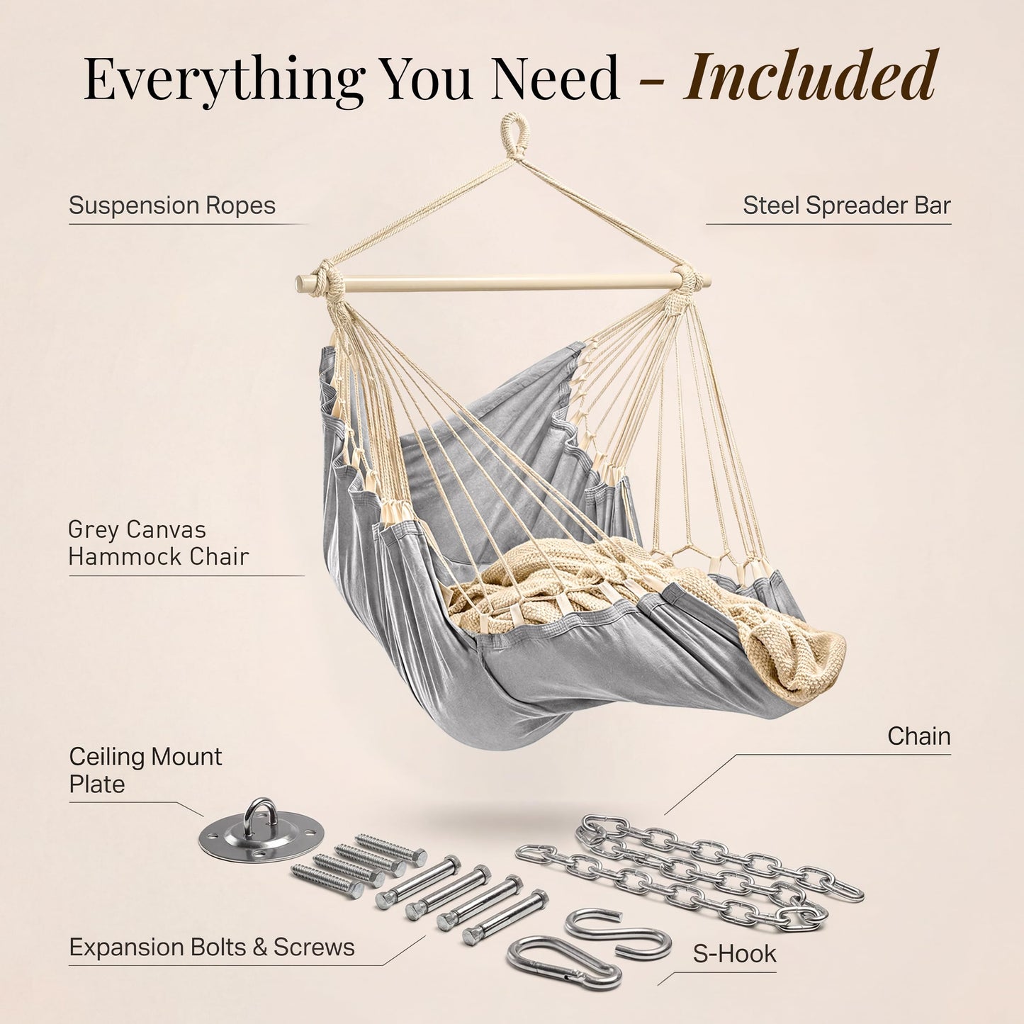 Hanging Hammock Chair Swing - Hammock Swing Chair with Foot Rest - Indoor/Outdoor Hanging Chair - Quick & Easy Setup with Durable Hardware – Spacious Full Body Support – Holds 440 Lbs