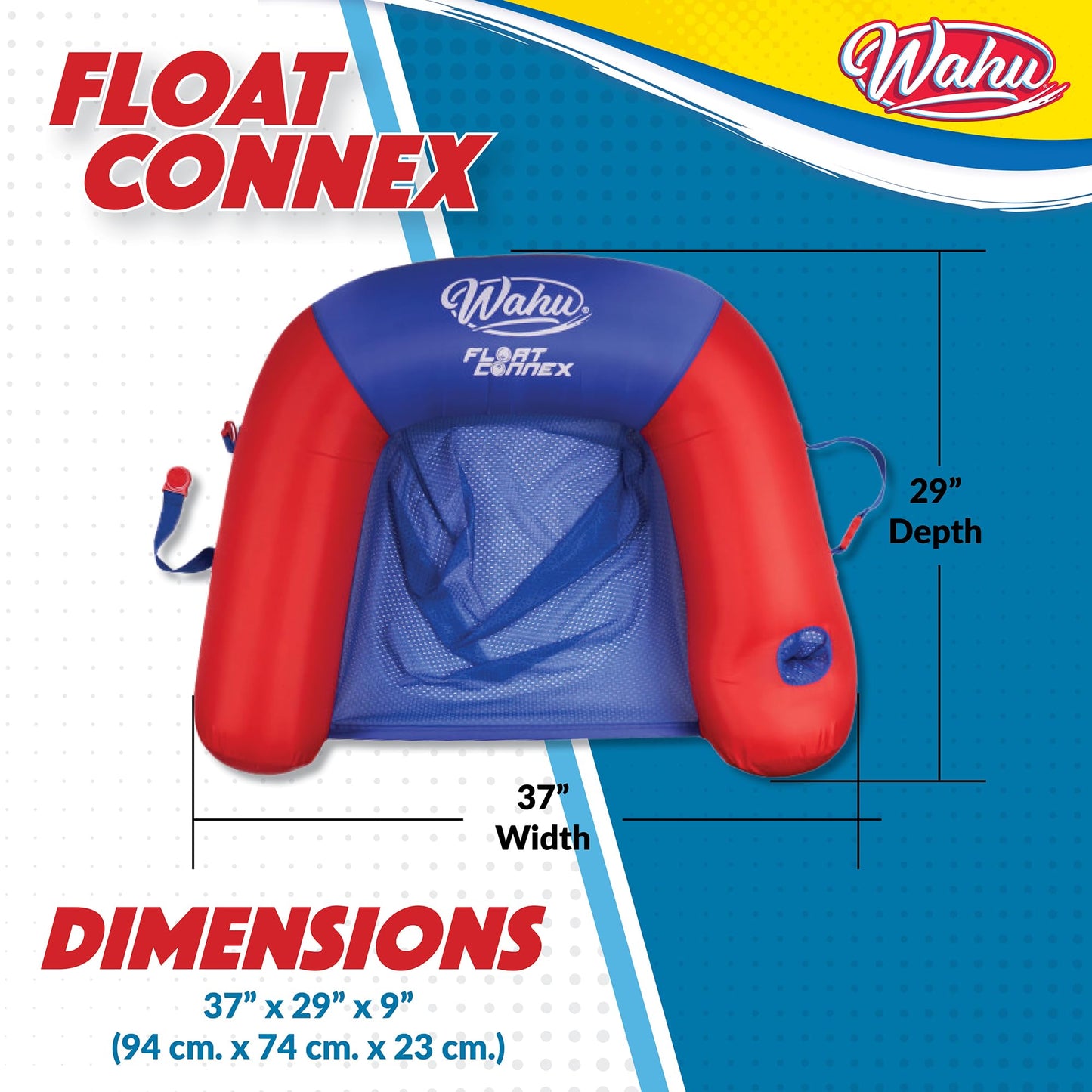 WAHU Float Connex Aqua Pool Seat with Connex Clips, Cupholder, and Inflate Valve, Inflatable Pool Float Chair for Adults and Kids Ages 8+, Blue/Red