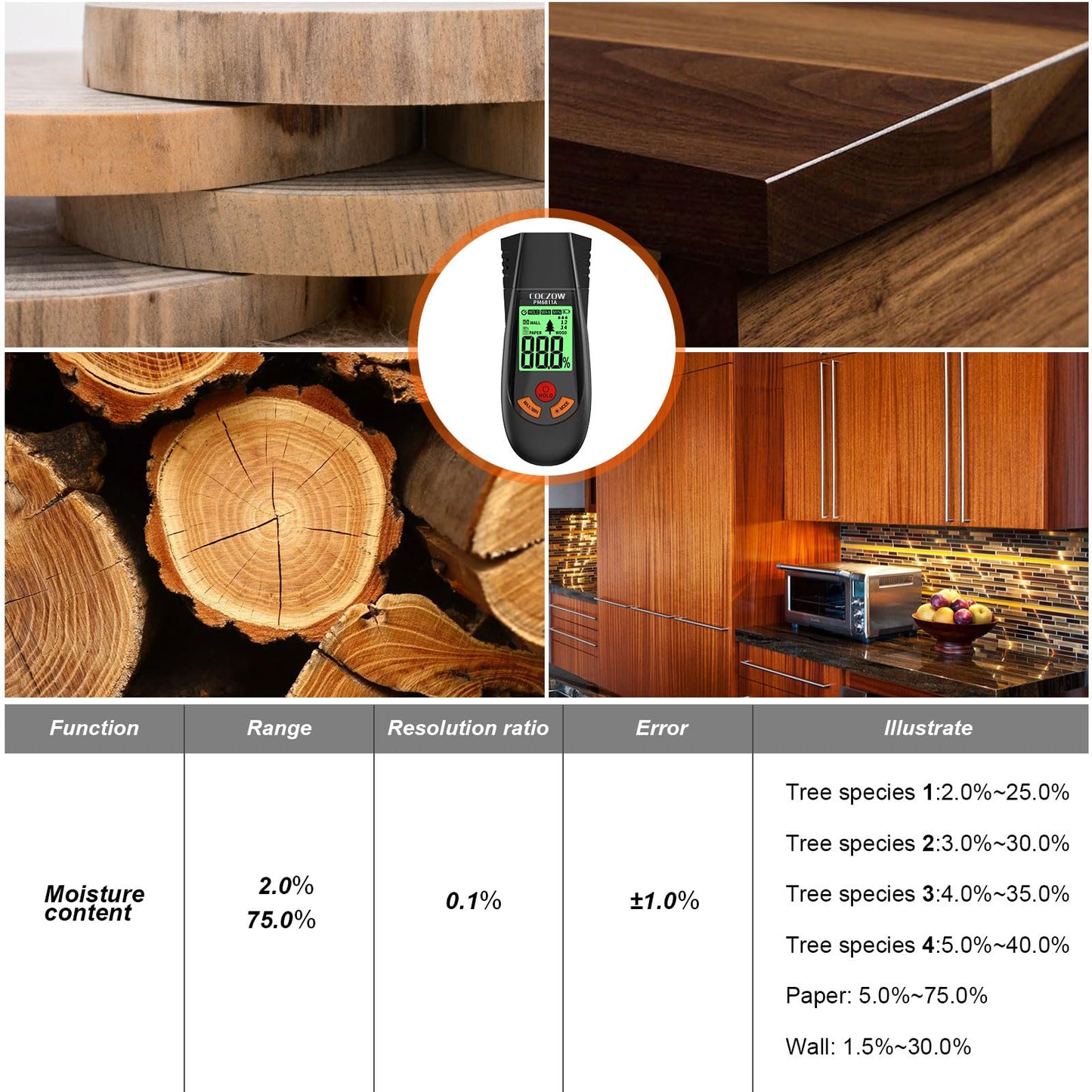 Wood Moisture Meter, with battery and LCD display, suitable for quick determination of moisture content of many types of logs, paper, plywood, plaster walls, floor coverings, etc.