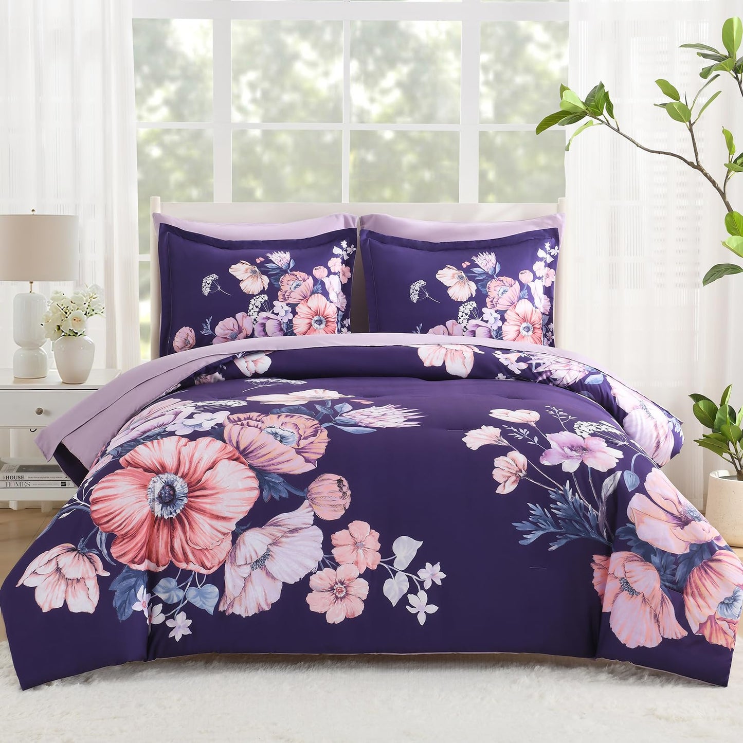 LLDSYW Queen Comforter Set - 7 Pieces Bed in a Bag Dark Purple Floral Queen Comforter Set with Sheets, Soft Microfiber Flower Complete Bedding Set for All Seasons（Dark Purple,90"x90"）