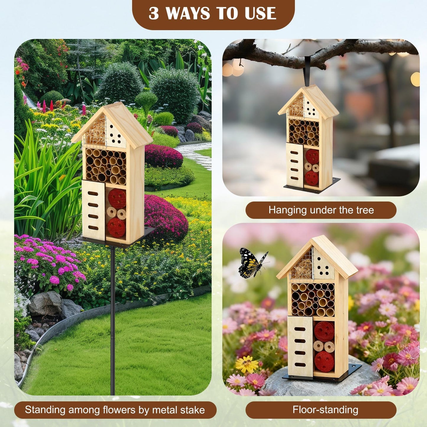 Novabright Wooden Insect House with Metal Stake Insect Hotel Bee House Natural Bug Habitat for Bee Butterfly Ladybirds Beneficial Bug Outdoor Garden Backyard
