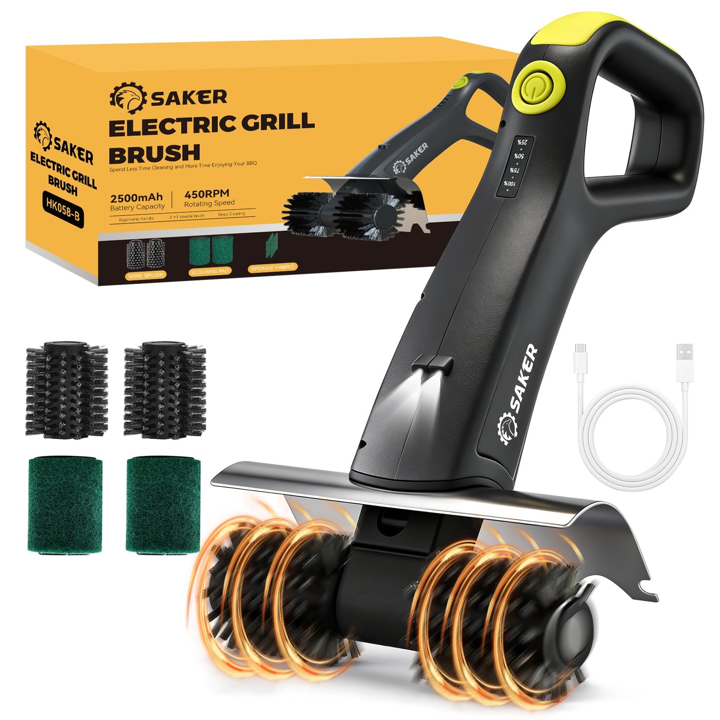 Saker Electric Grill Brush with 450 RPM & LED Light | Tangle-Free Grill Cleaning Brush with Durable Roller | Complete 8-Piece Brush & Scouring Pad Kit | Ideal Grilling Gift for Dad