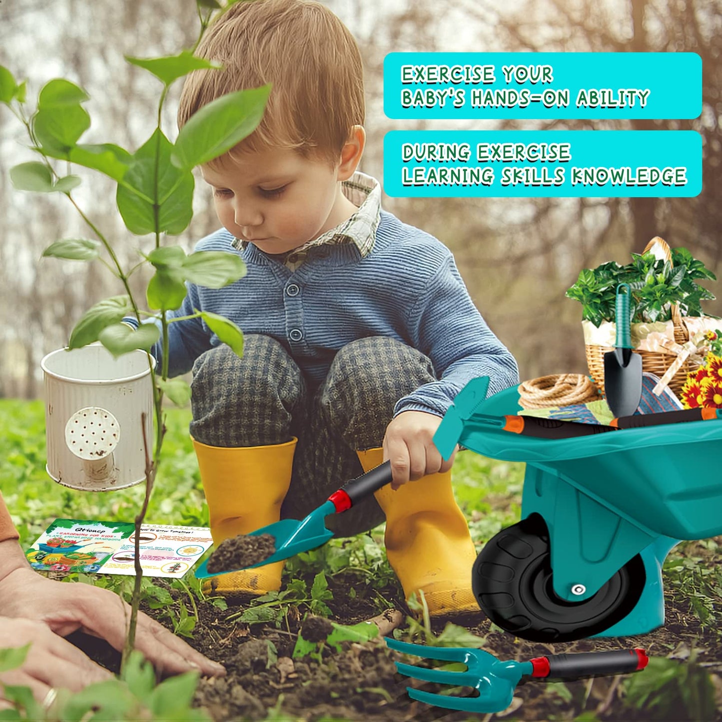 Qtioucp 16Pcs Kids Gardening Tools Outdoor Toys Set Backyard Play with 93 PCS DIY Flower Garden Building Preschool Activities (Green)