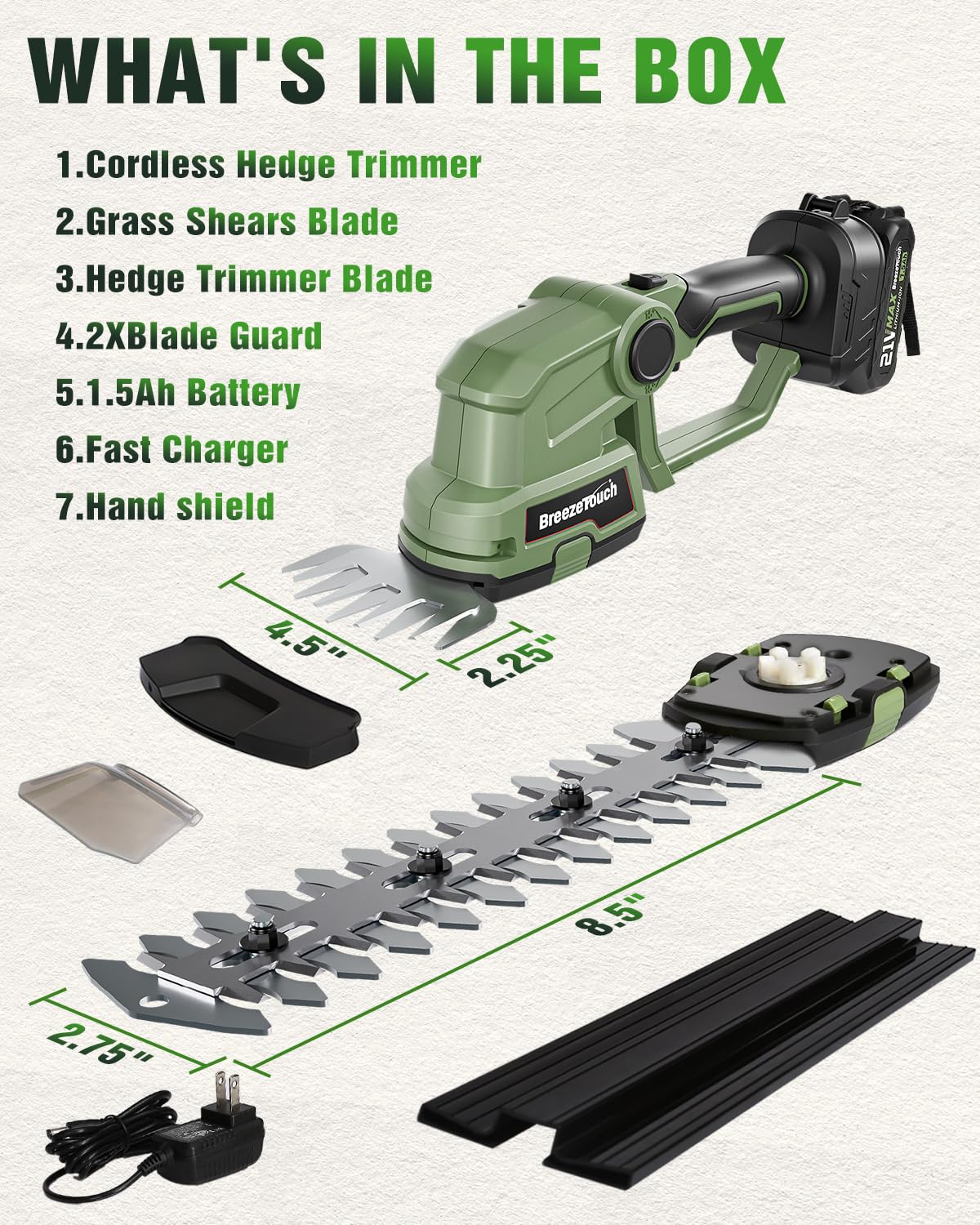 Breeze Touch 21V Hedge Trimmer Cordless with Battery and Charger, 2-in-1 Bush Trimmer Cordless & Grass Shear, Handheld Electric Hedge Trimmers with 4.5"/8.5" Blades for Garden & Lawn