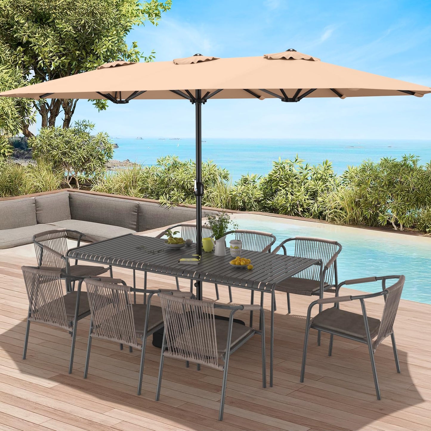 ONBRILL 15ft Patio Umbrella with Base Included, Extra Large Shade Area, Double Sided Rectangle with Crank Handle for Poolside, Garden, Yard, Beige