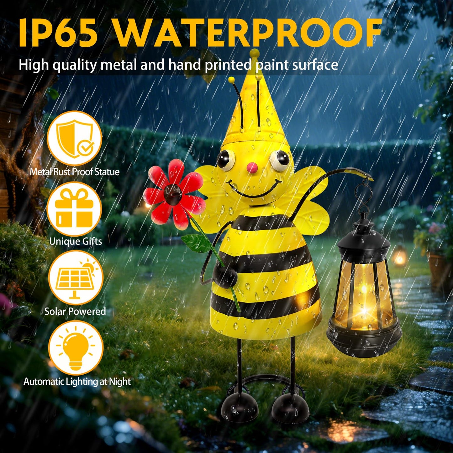 Garden Decor Bee Solar Statues,Unique Garden Statues Bee with Solar Lantern Waterproof, Birthday Gifts for Women Mom Grandma, Front Patio Balcony Yard Art Lawn Ornaments Porch Outdoor Decoration