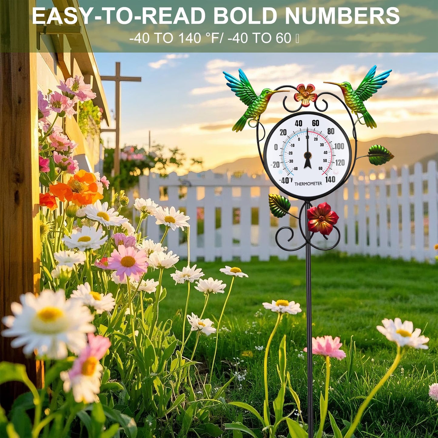 Hummingbird Outdoor Thermometer with Stake Waterproof - Hanging Wall Indoor Outside Thermometer for Patio Garden Yard Porch Room Decor, Easy to Read No Battery Required