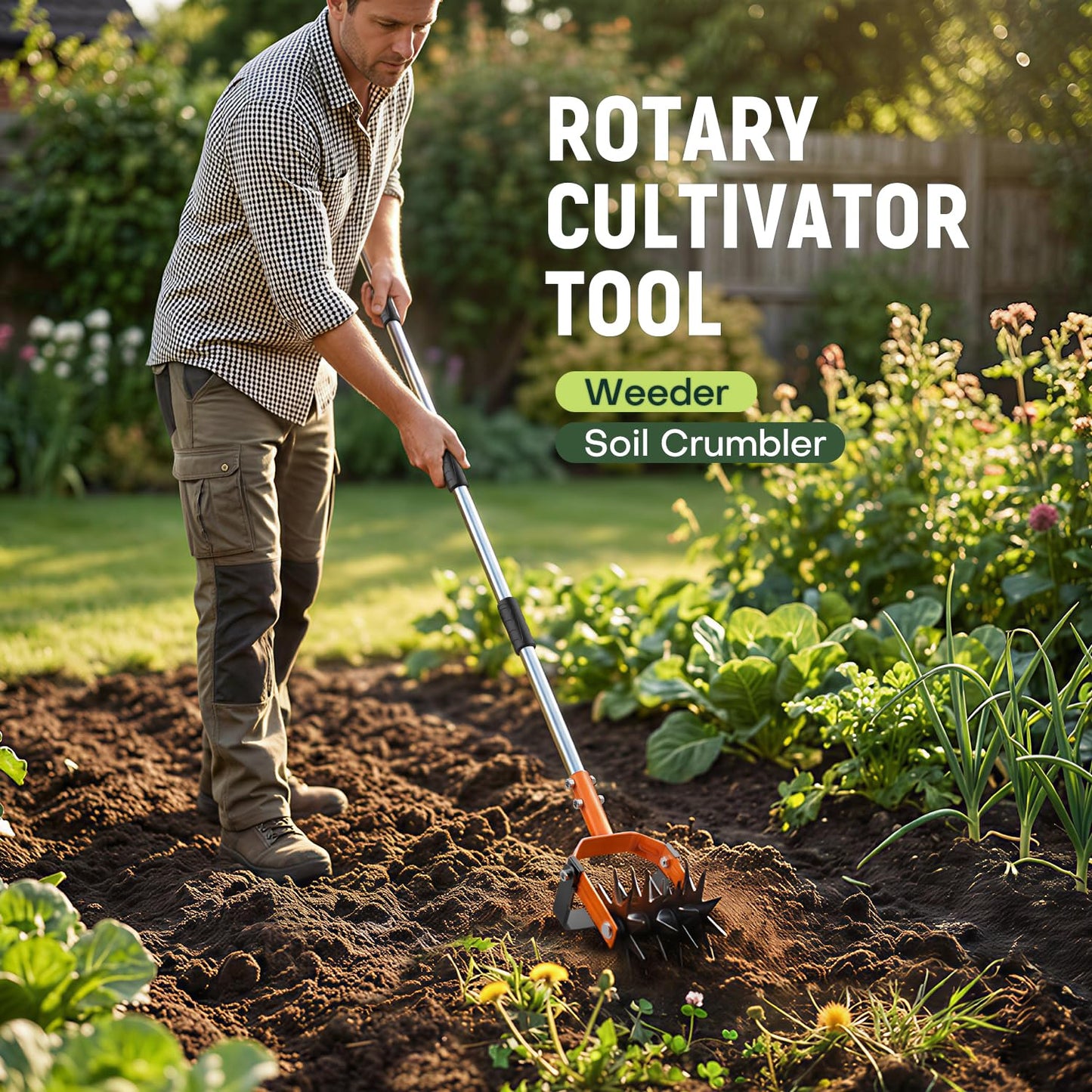 ARPEAK Rotary Cultivator Garden Tool, 2-in-1 Weeder & Soil Aerator with Detachable Weed Knife,73" Adjustable Stainless Handle, Dual-Function Rotary Tiller for Lawn Care, Reseed Grass, Soil Mixing