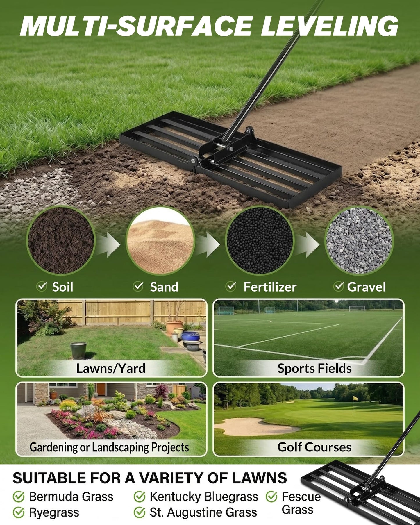 Sakerplus Lawn Leveling Rake 30 Inch, Landscaping Lawn Leveler, Heavy-Duty Yard Leveling Rake for Soil, Sand, Compost & Fertilizer, Fixed Handle Ground Leveler for Yard
