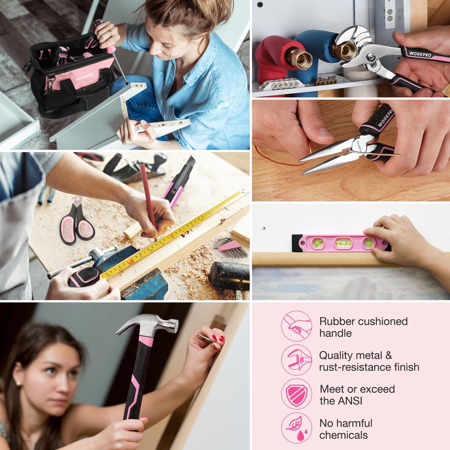 WORKPRO Pink Tool Kit with Drill, Tool Set with 20V Cordless Lithium-ion Drill Driver, Pink Drill Set for Women, 157PCS Home Tool Kit, Lady's Repairing Kit with 14-Inch Storage Bag - Pink Ribbon