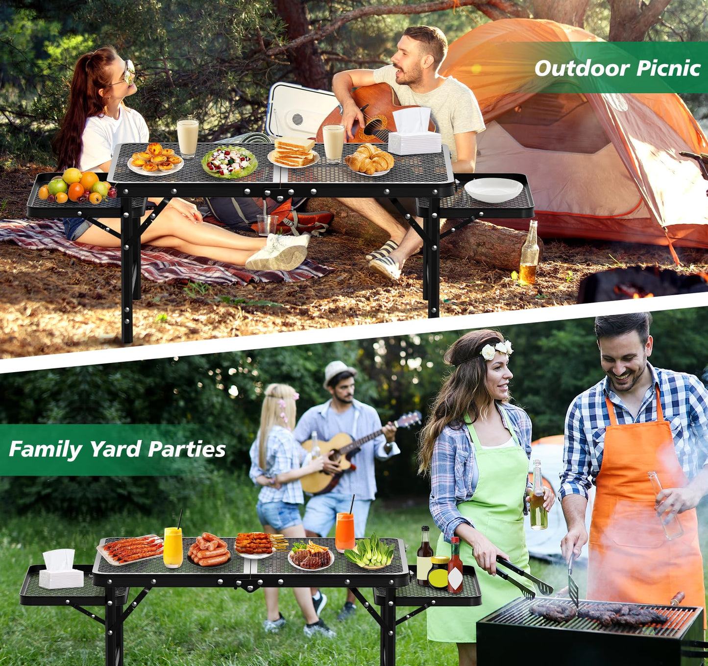 Folding Camping Table with 2 Extra Desktop, Height Adjustable Portable Grill Table, Metal Outdoor Grill Table for Outside, Camping Cooking Tables for Picnic, BBQ, 53.14 x 26.6 x 23.6 inches Large Size