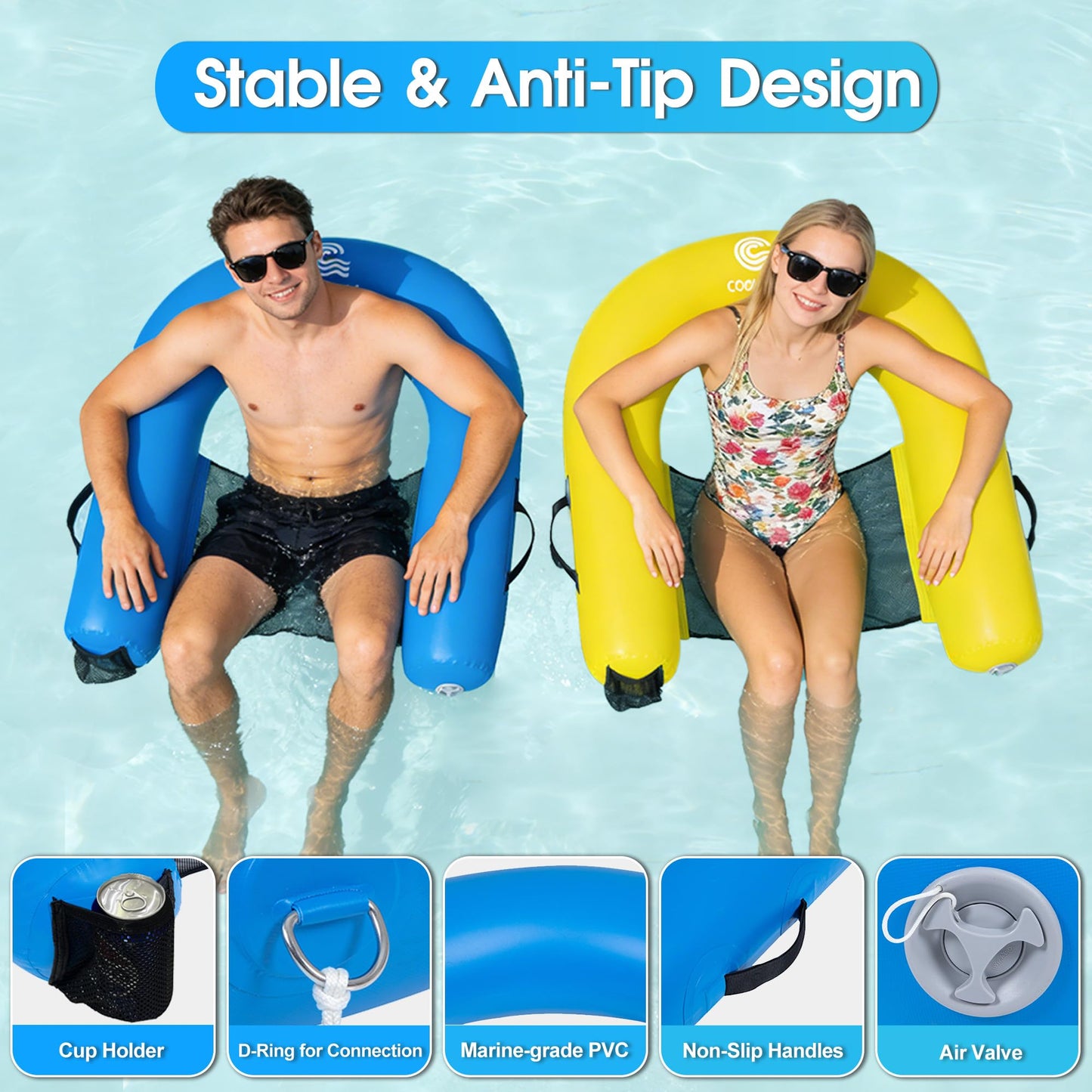 COOLWAVE Inflatable XL Floating Pool Chair, Heavy Duty PVC Floating Lounge Chair, 39" x 38" Connectable Pool Floats Adult with Built-in Cup Holders for Ocean, Lake and Pool, Multiple Color Options