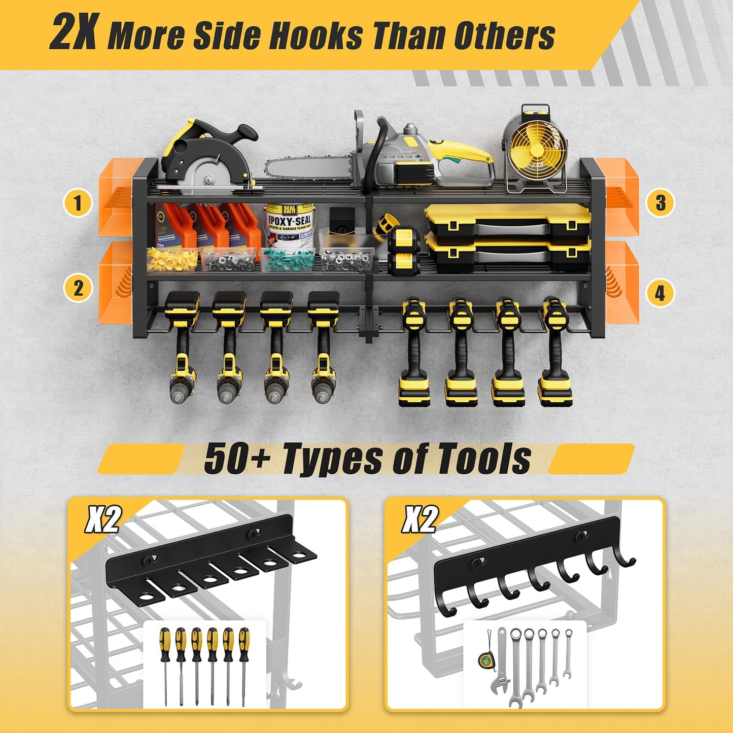 Jusgym Power Tool Organizer Wall Mount |350lbs Garage Tool Storage Rack with 6 Cordless Drill Holder |3-Tier 32''W Heavy Duty Garage Organization |Fathers Day Dad Gifts for Men
