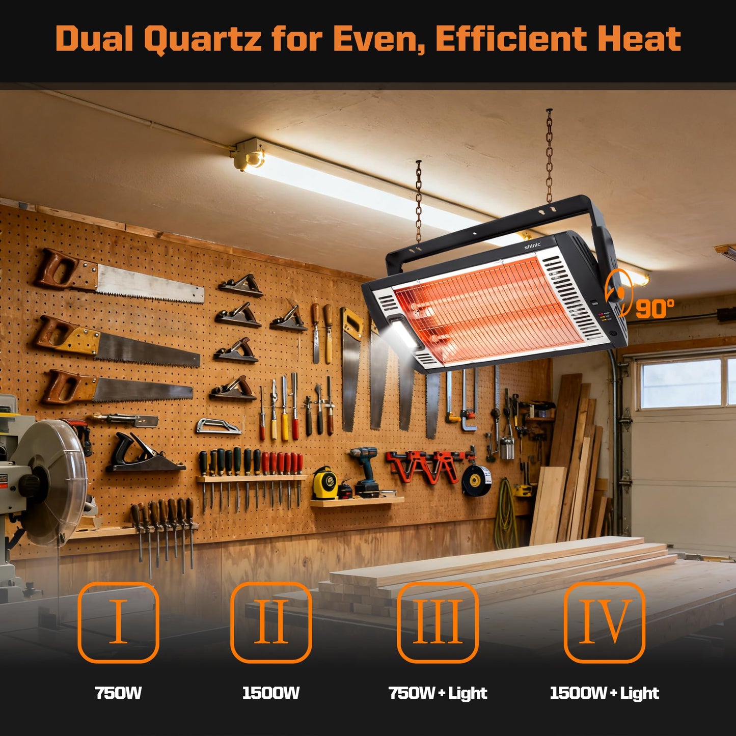 Shinic Electric Garage Heaters with Remote Control, 1500W/750W Ceiling Mounted Radiant Quartz Heater with Work Light, 90° Rotation, 5 Mode Settings, Electric Heater for Garage, Shop, Patio Large Room