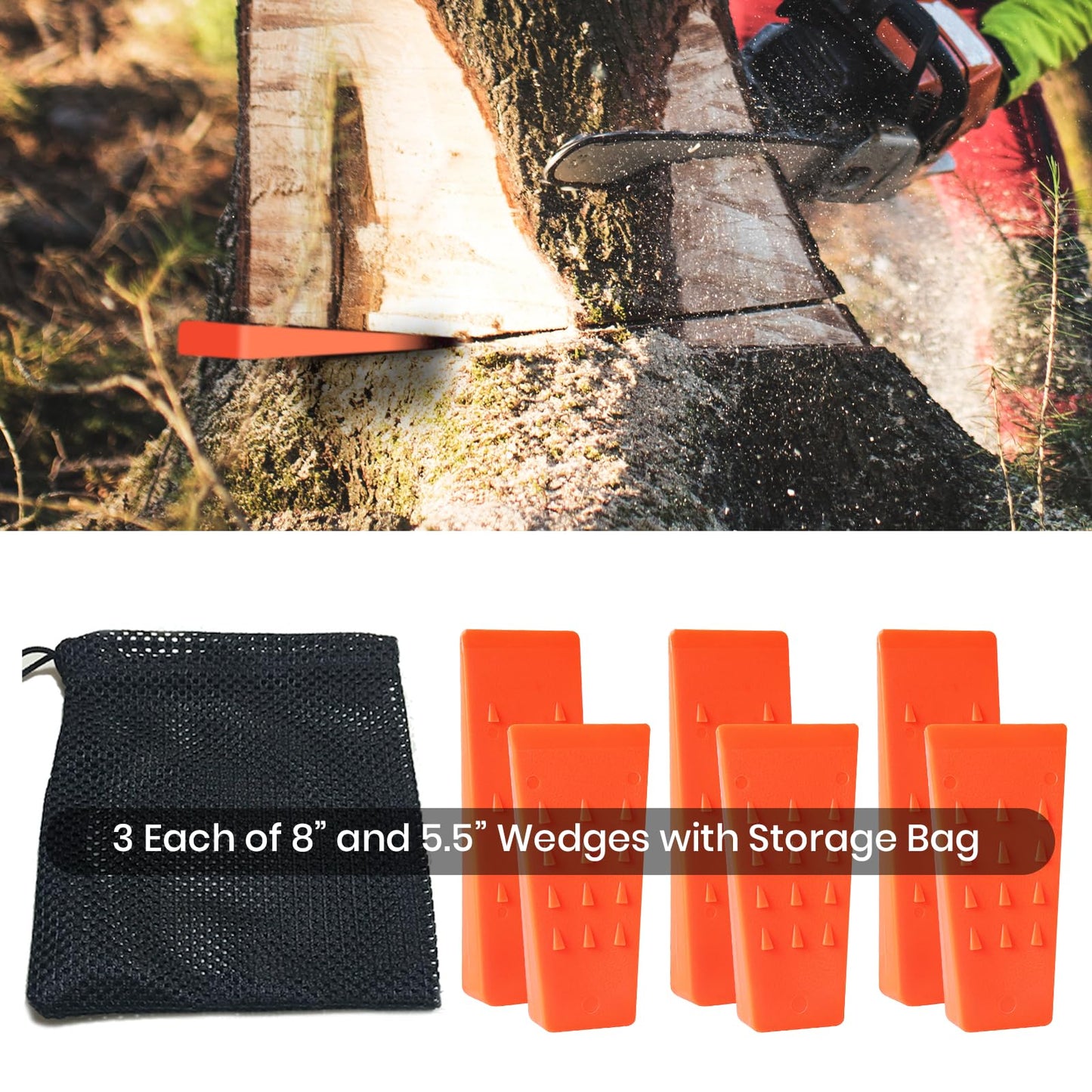 6 Pack Tree Felling Wedges with Spikes for Safe Tree Cutting – 3 Each of 8” and 5.5” Wedges with Storage Bag; 6 Felling Dogs to Guide Trees Stabilize and Safely to Ground for Loggers and Fallers