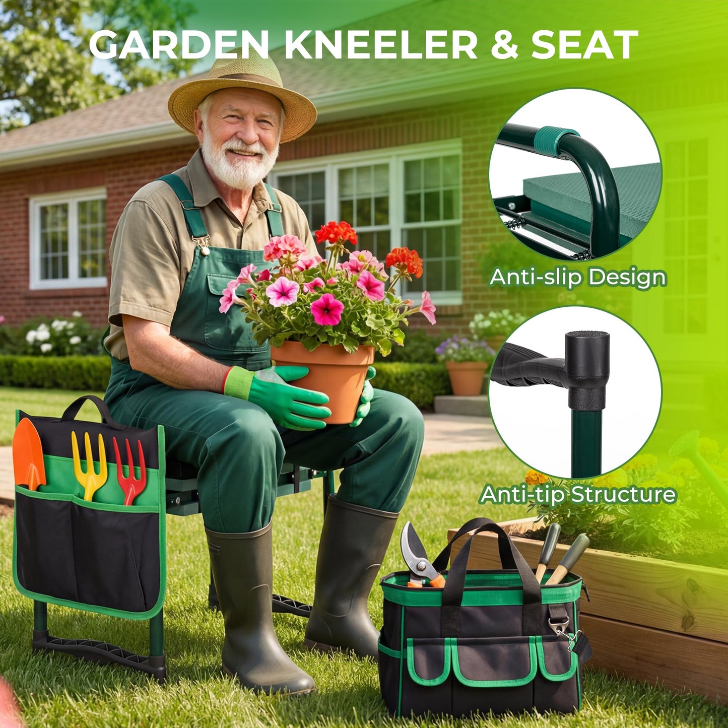 Walensee Foldable Garden Kneeler and Seat Bench with Cross-Body Tool Bag, Removable Tool Pouch, Heavy Duty Garden Stool with Soft Kneeling Pad, No Assembly,Ideal Gardening Gift for Mom Women Seniors