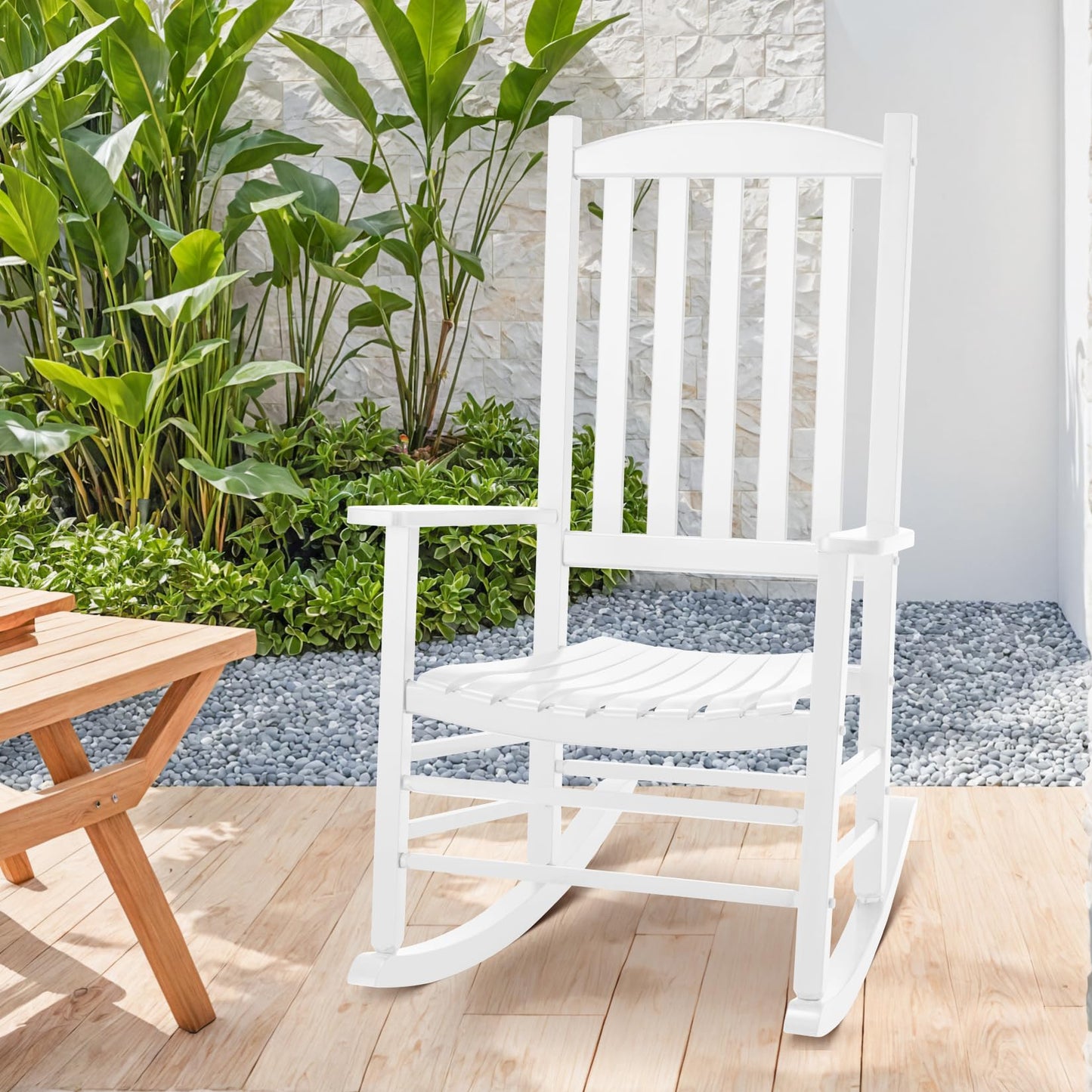 Besunbar Wooden Outdoor Rocking Chair, Oversized Patio Rocking Chair w/400lbs Support & High Backrest | Porch, Lawn, Garden, Backyard，White