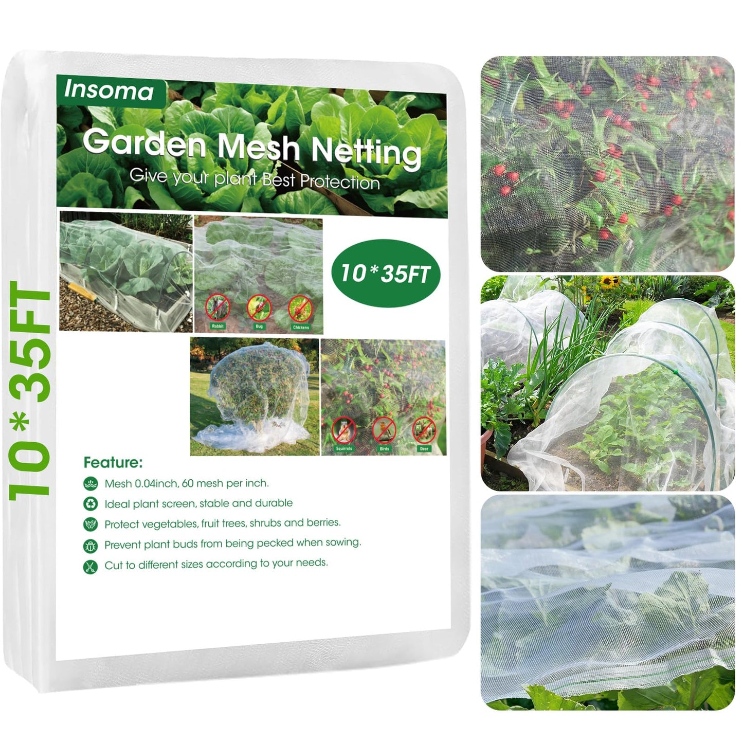 10x35Ft Garden Netting for Raised Bed, Thickened 60 Mesh Bird Netting for Garden Protection, Mesh Insect Row Covers for Plant Pest Barrier Fruits Flowers Crops Greenhouse Protect from Birds Bugs